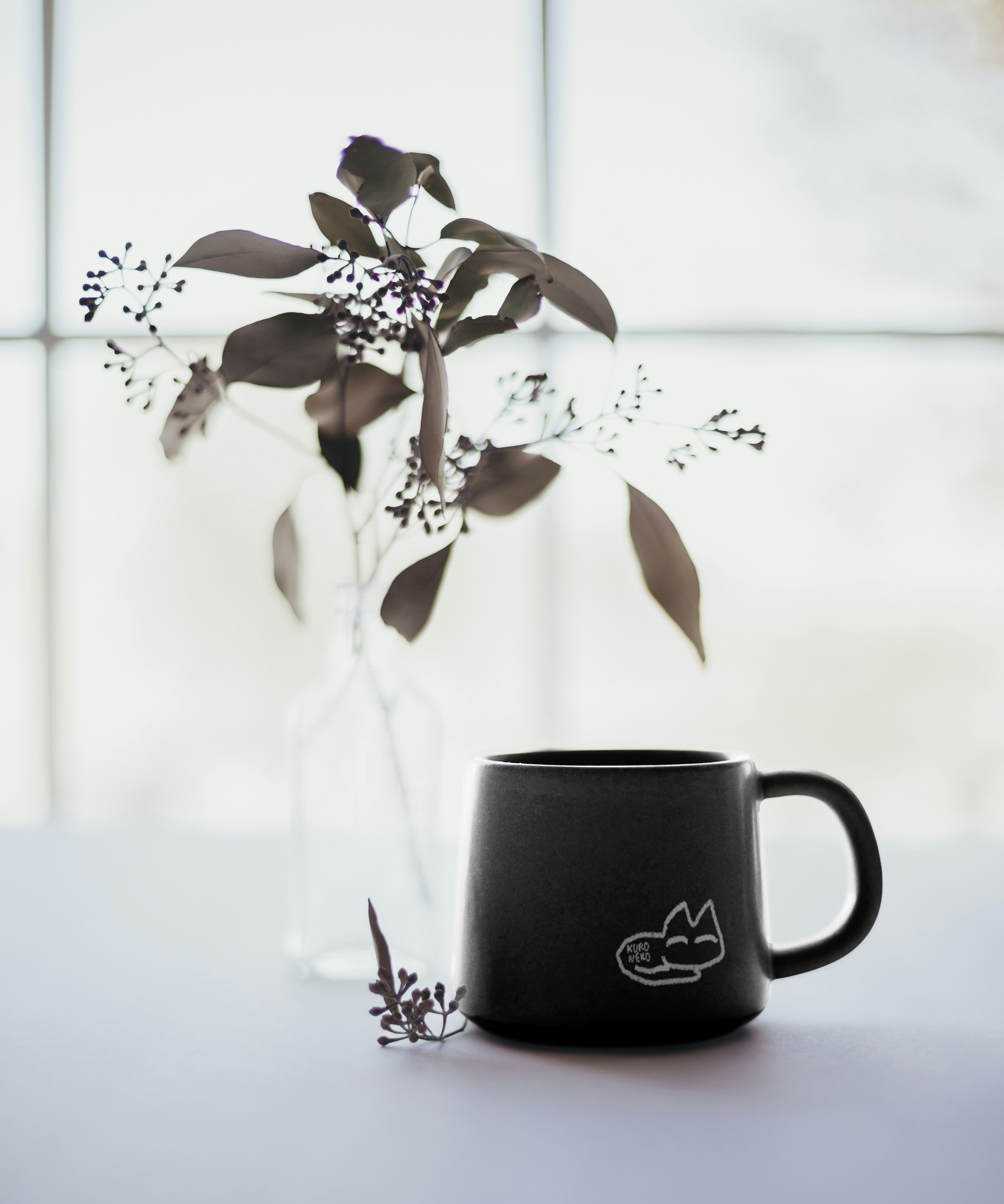 A black mug with a white outline of a cartoon cat illustration sits on a white surface, with a clear glass vase containing a branch of purple-tinged leaves and small flowers in the background, against a backlit window.