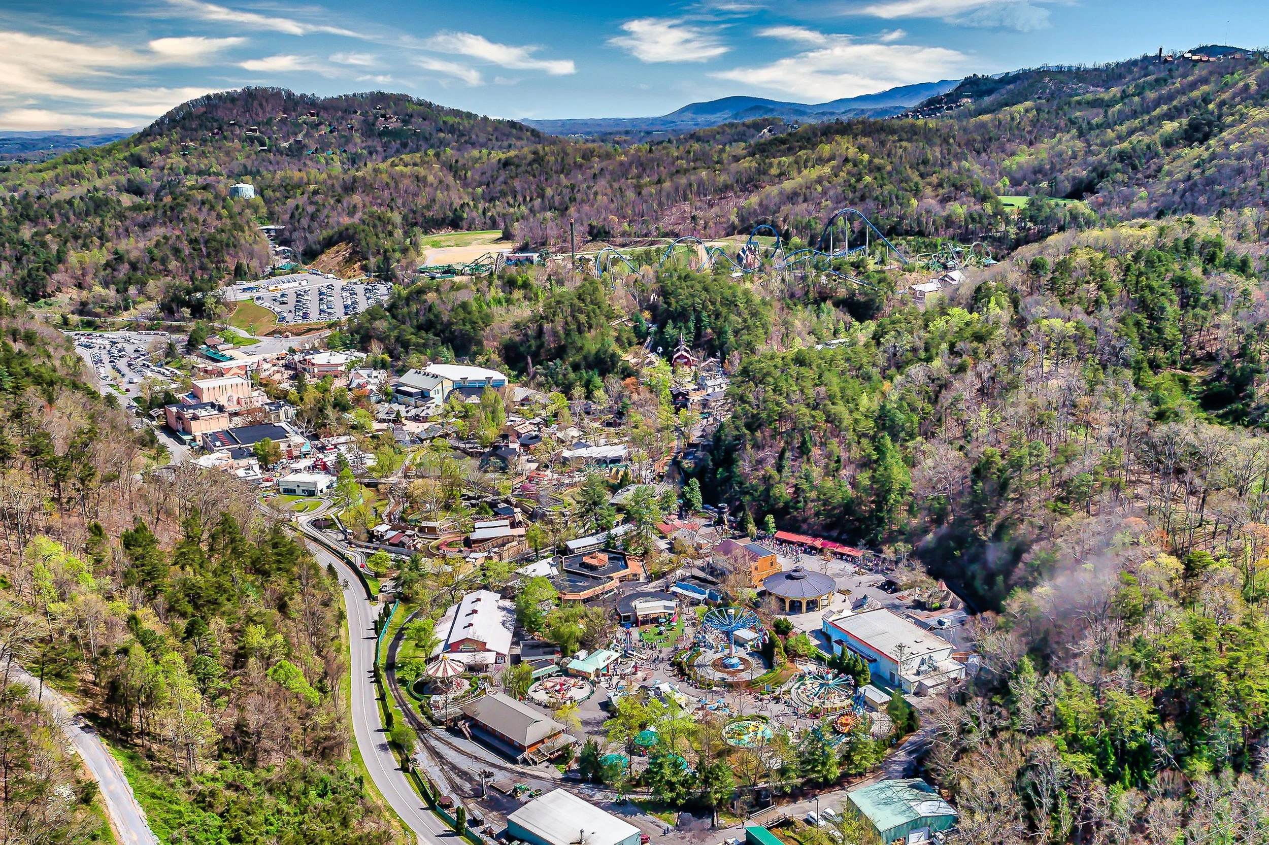 Aerial view of Dollywood in Pigeon Forge