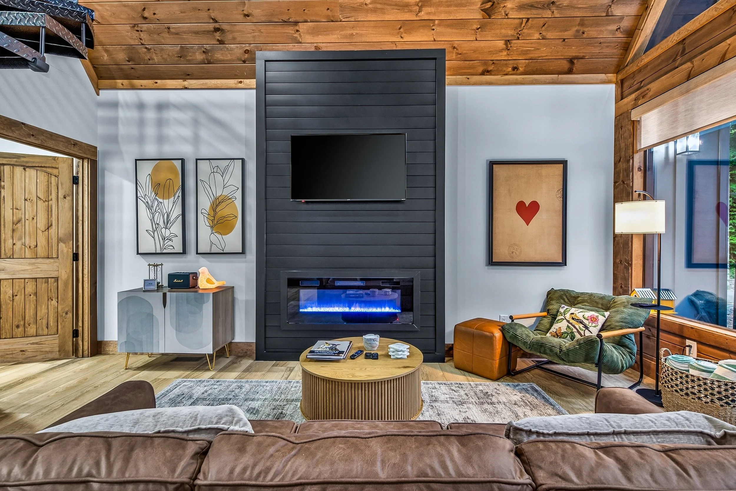 Living room television, fireplace and Marshall speaker