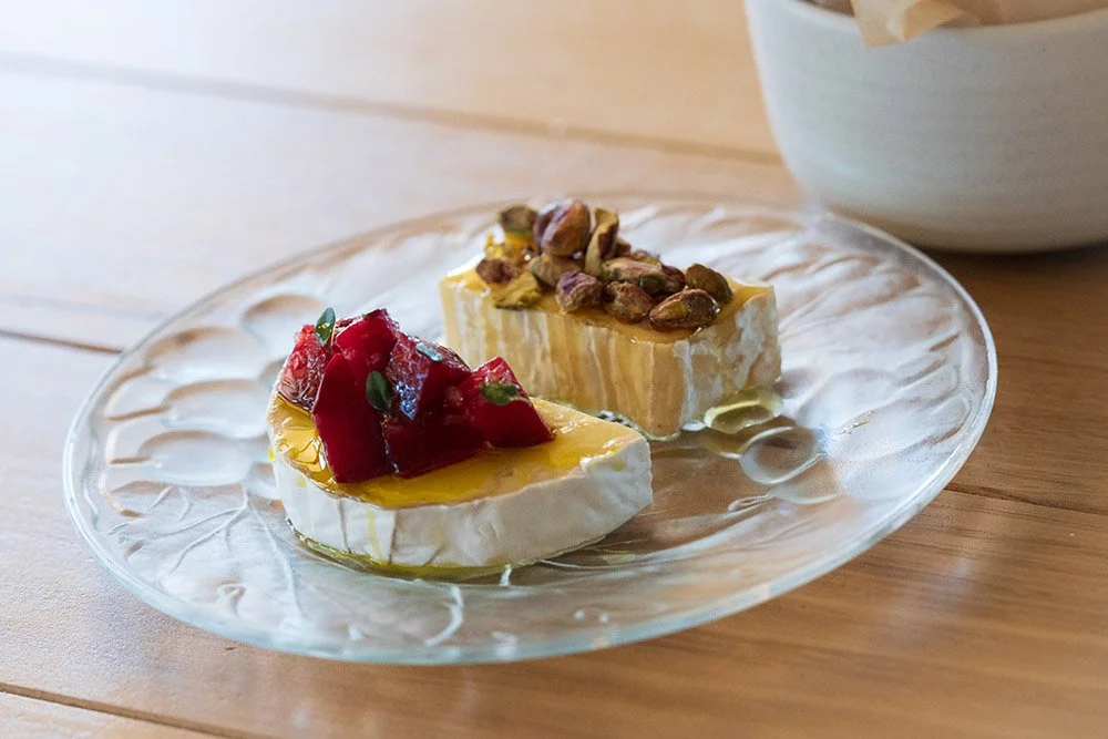 Halls Suzette with 6018 Postcode Honey and Roasted Nuts with Halls Fifi Camembert, Plums, Thyme and Brioche Crackers The Corner Dairy, Doubleview