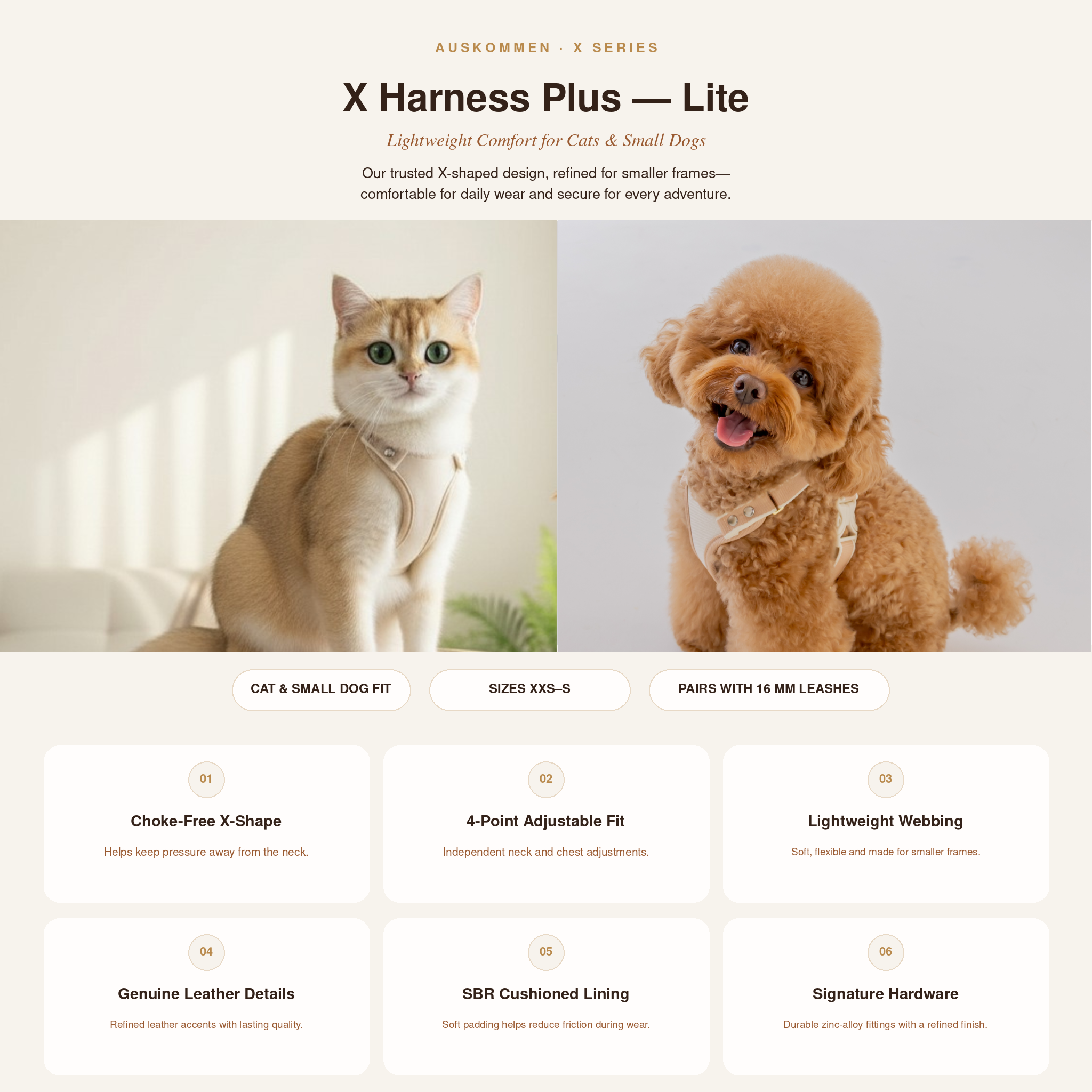 Product webpage featuring lightweight, comfortable X Harness Plus for cats and small dogs, with images of a cat and a dog wearing the harness.
