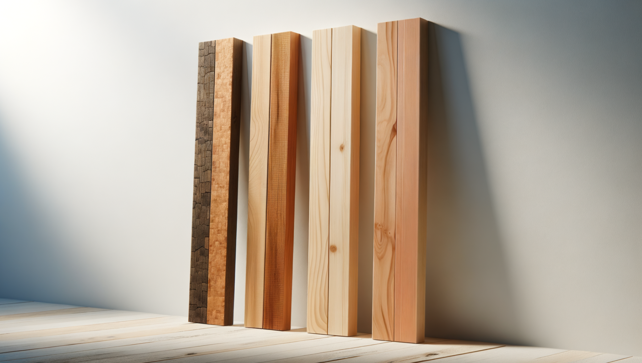 Vertical comparison of seven natural timber species including Tasmanian Oak, Meranti, and Victorian Ash for custom trims