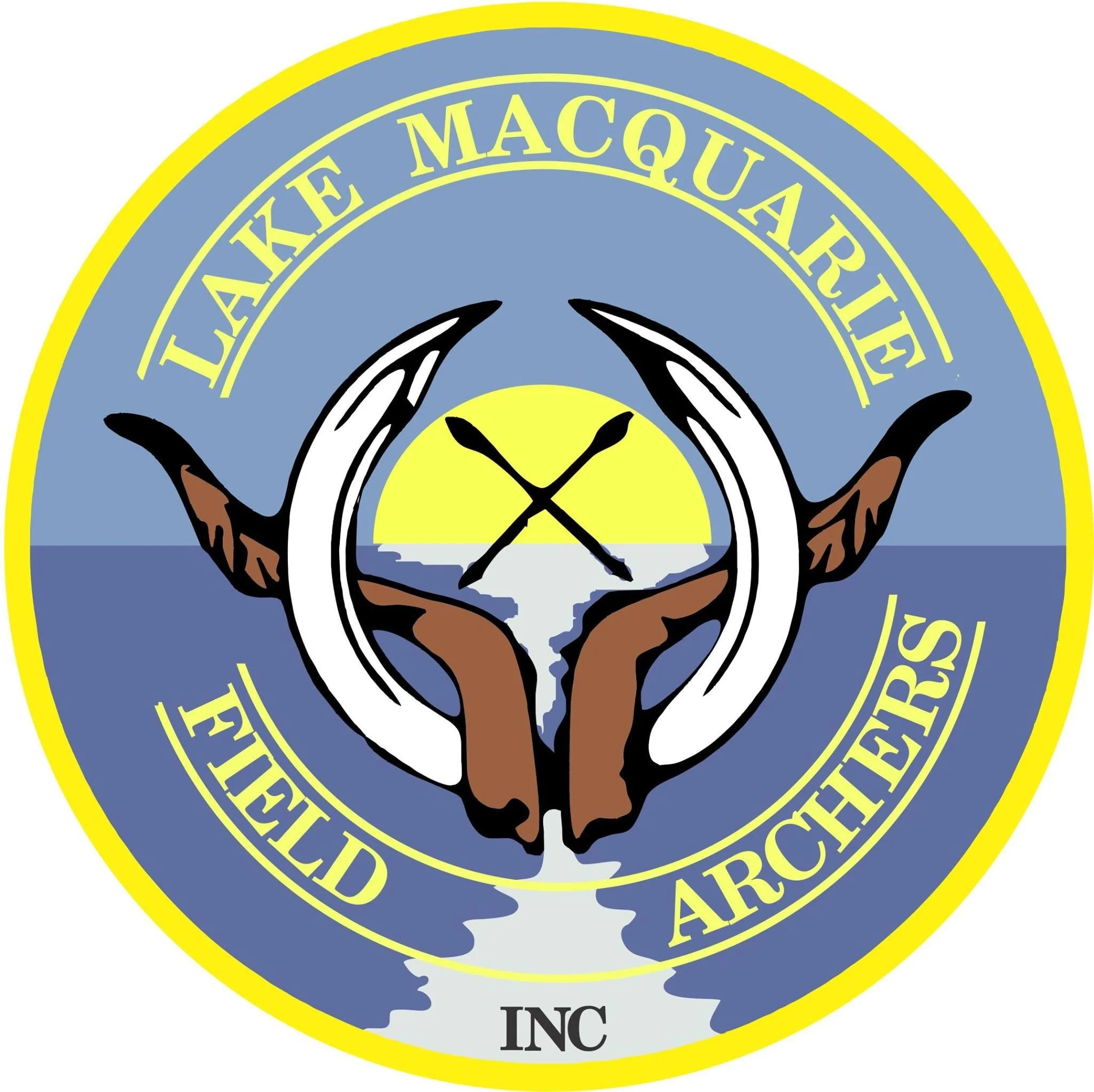 Badge with a white tusks symbol, two crossed black arrows, and two brown horns holding a yellow sun over water, with the words "LAKE MACQUARIE FIELD ARCHERS INC" surrounding the image.