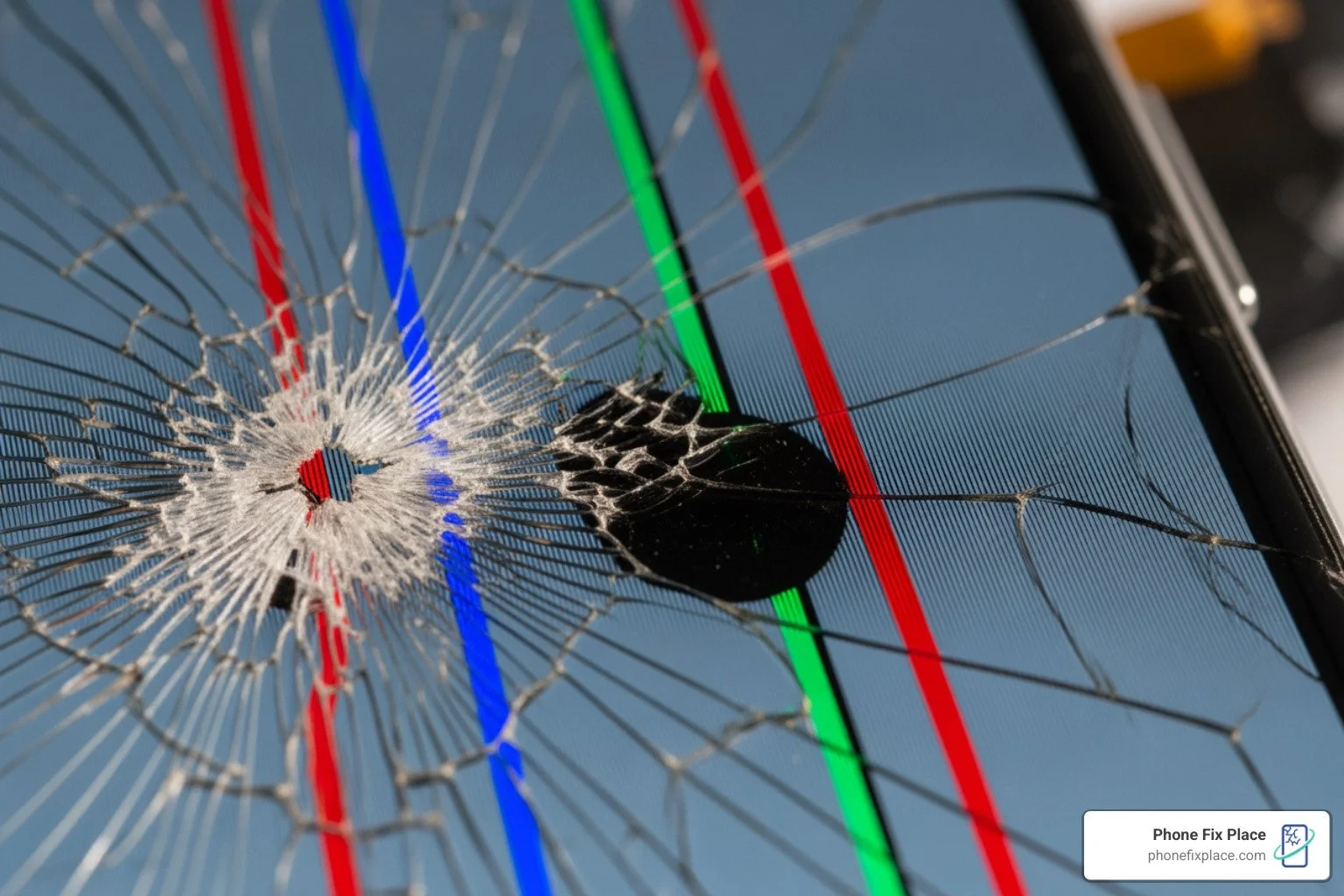 A phone screen showing dead pixels, colored vertical lines, and cracks - albuquerque phone screen repair