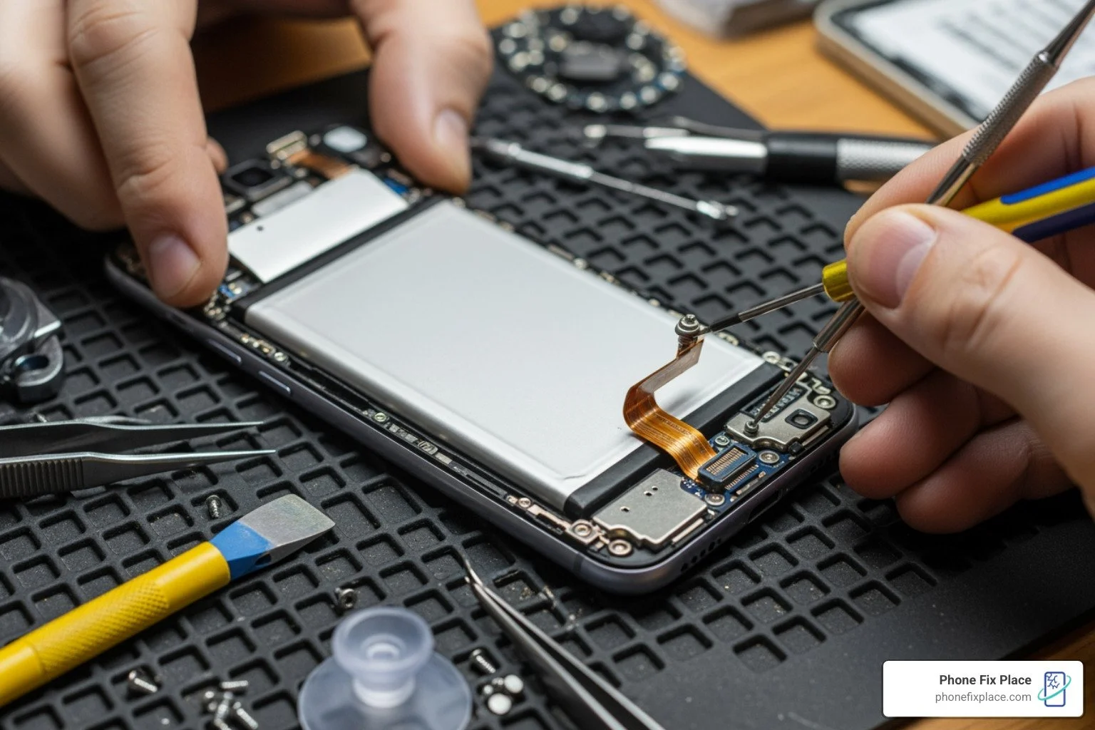 Image of a technician's hands carefully installing a new battery into a smartphone. - battery replacement service