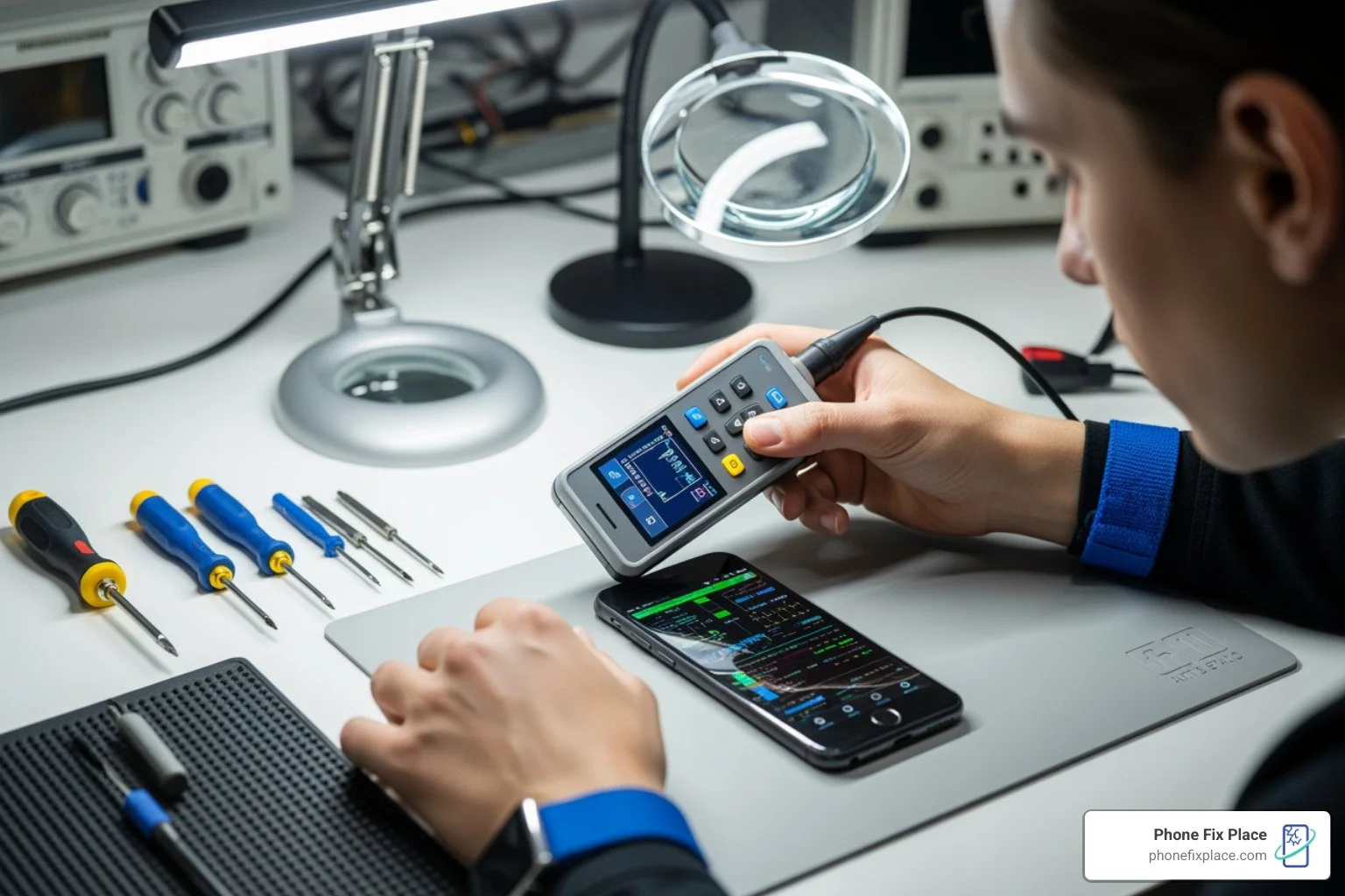 Image of a technician using a diagnostic tool on a smartphone at a clean workbench. - battery replacement service
