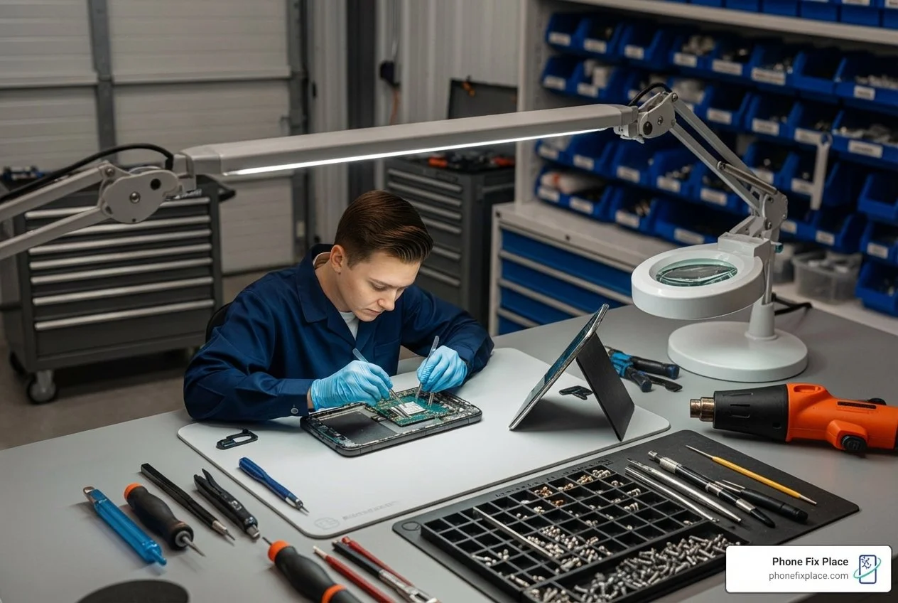A technician in a clean workspace carefully repairing a smartphone with specialized tools - albuquerque phone screen repair