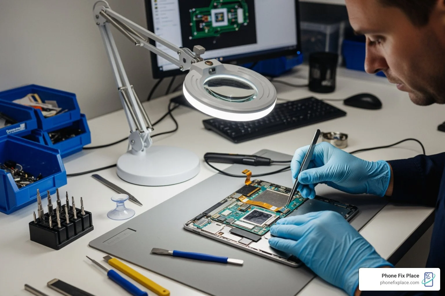 a certified technician using specialized tools on a tablet's internal components - tablet repair