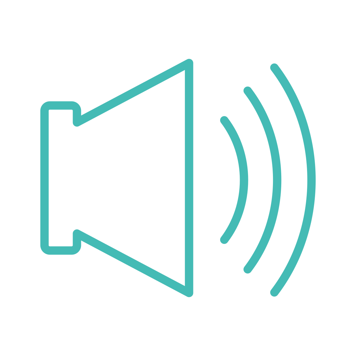 Outline icon of a speaker with sound waves projecting outward.
