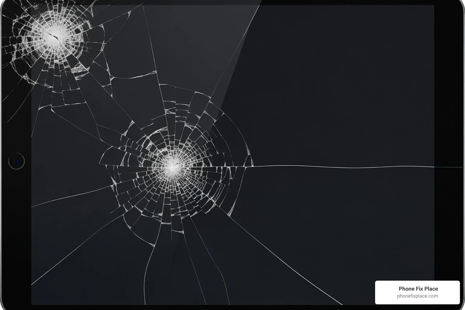 Broken screen with shattered glass and visible damage.