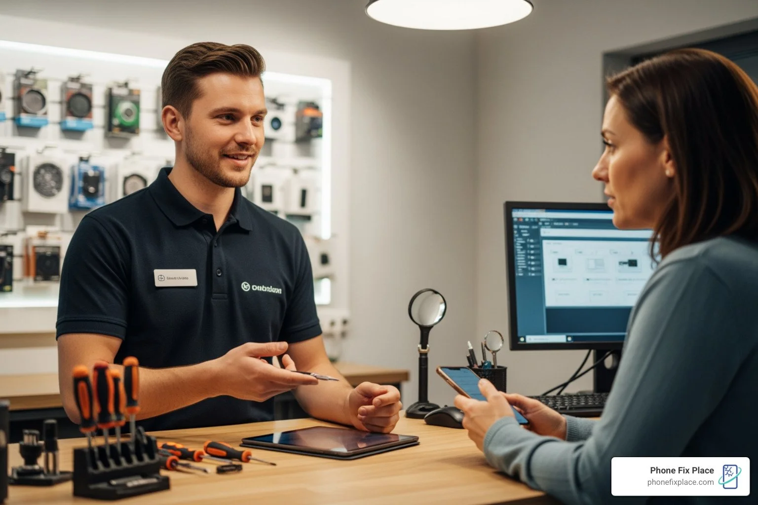 A friendly technician at a clean, organized repair shop counter, speaking with a customer about their device - computer and console repairs