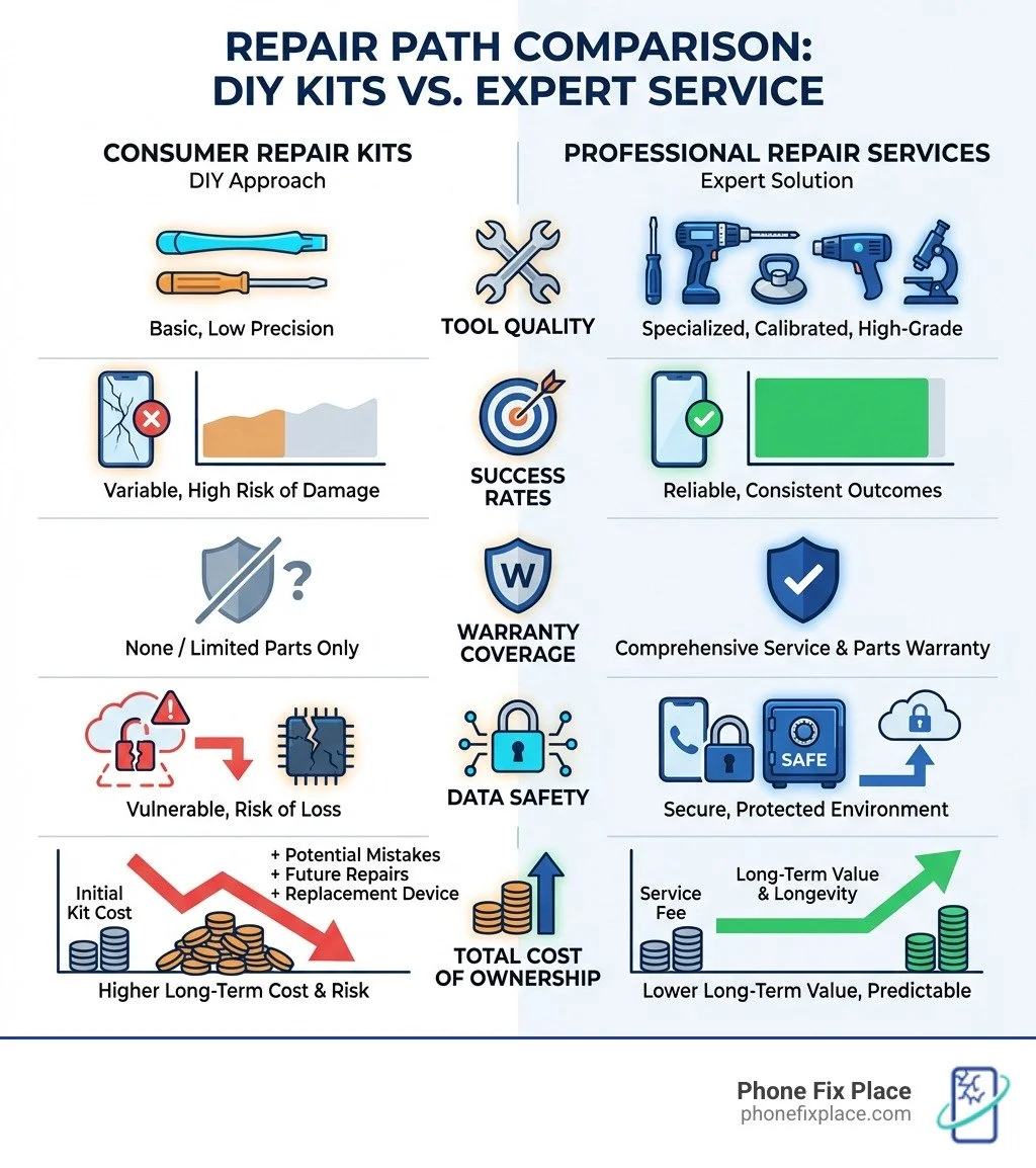 infographic comparing consumer repair kits versus professional repair services, showing tool quality, success rates, warranty coverage, data safety, and total cost of ownership - iphone repair tool infographic