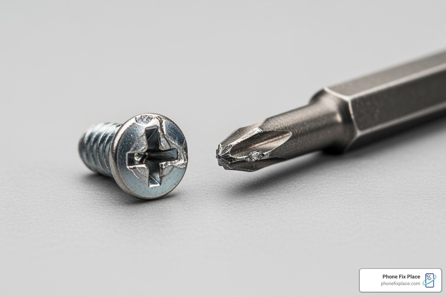 stripped iPhone screw next to a worn-out screwdriver bit - iphone repair tool
