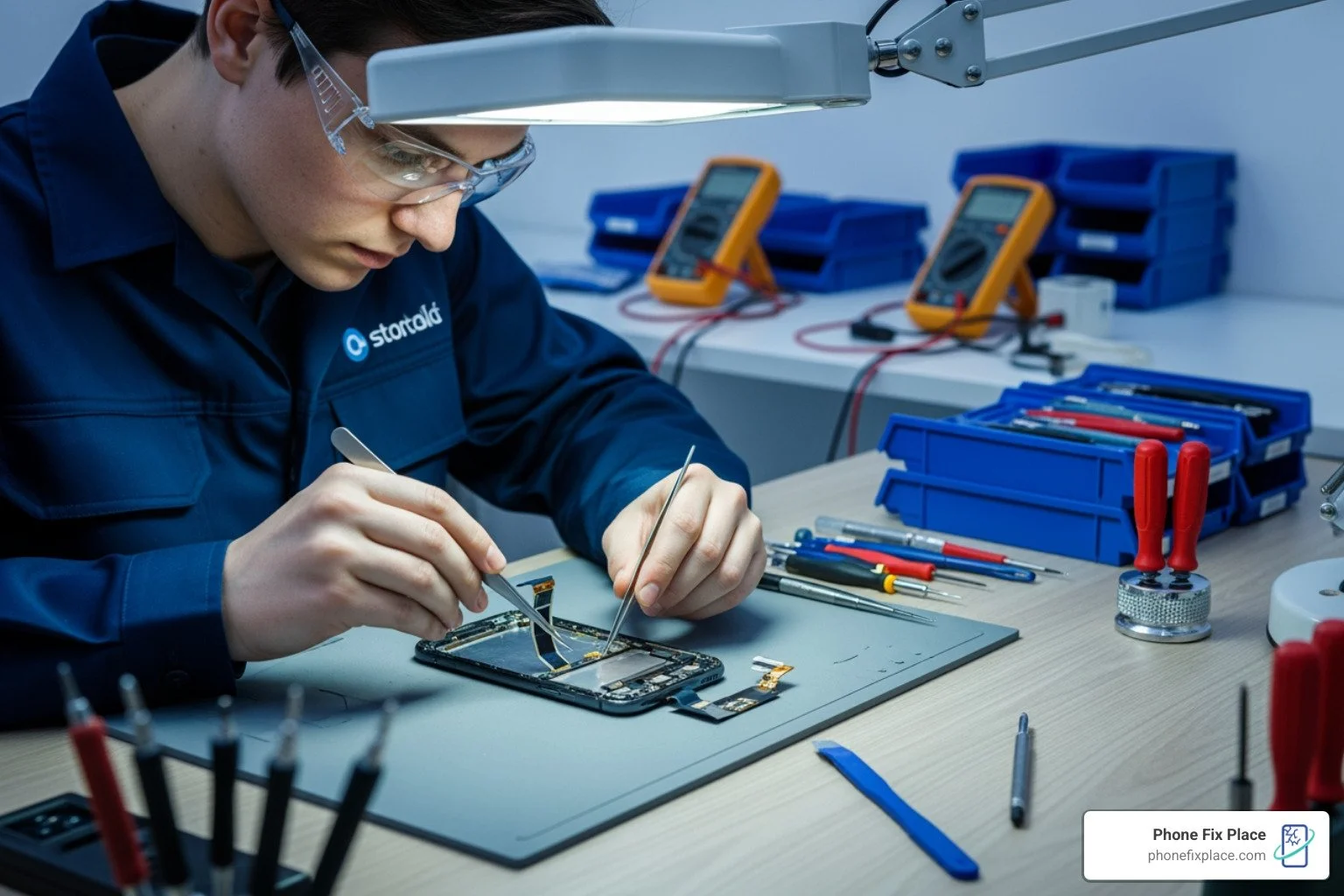 technician in a clean workshop using specialized tools on a smartphone - cell phone battery replacement