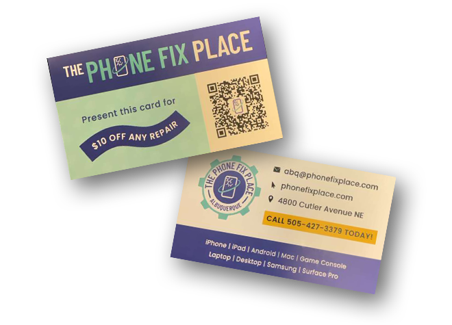 Business card for The Phone Fix Place, featuring contact information, a QR code, and a discount offer for repairs.