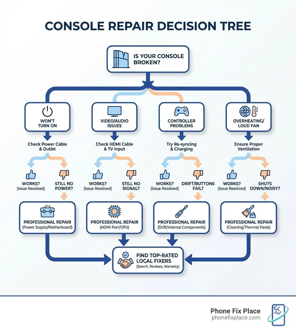 infographic showing decision tree for console repair - game console fixers near me infographic
