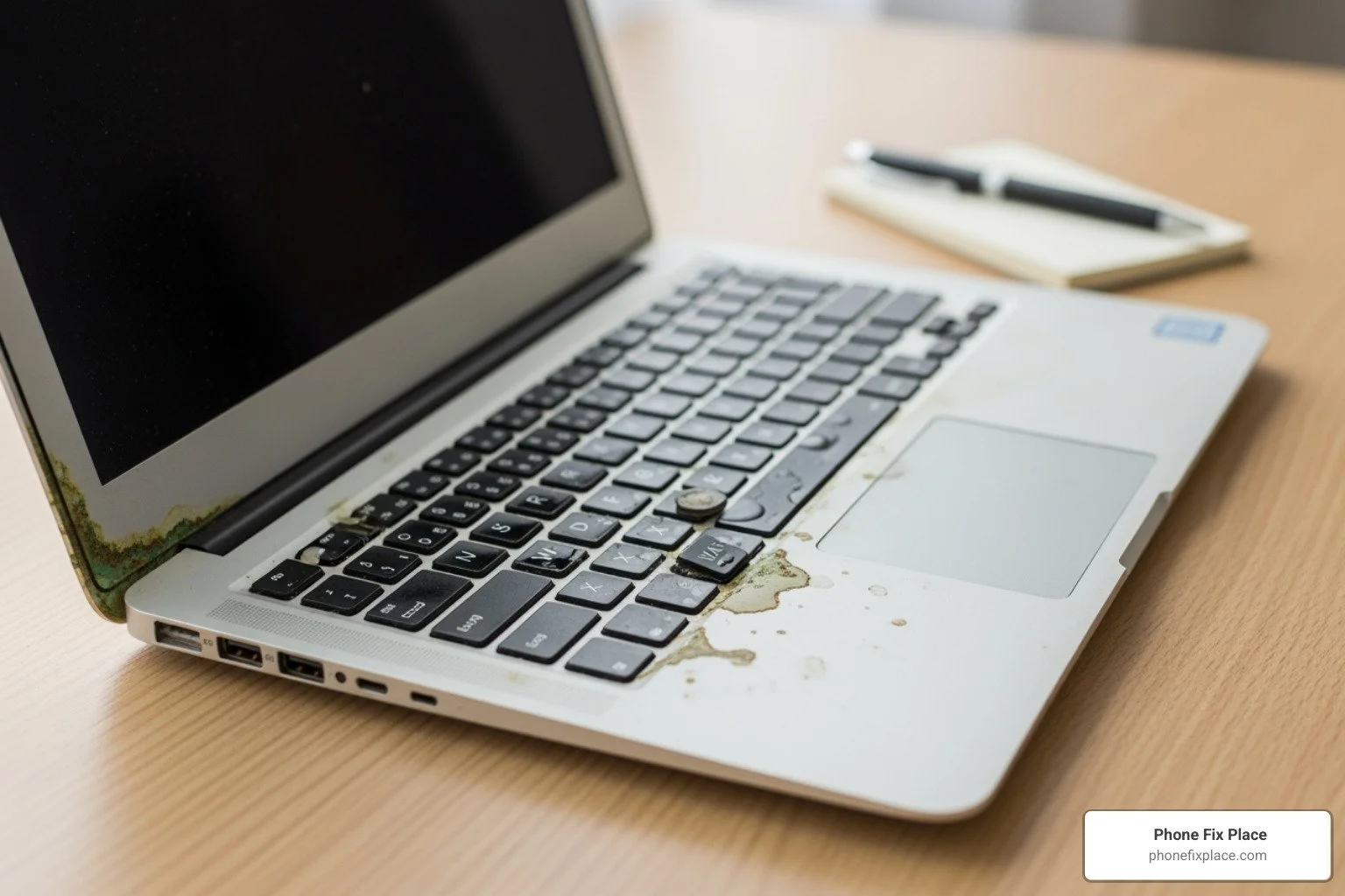 Water-damaged laptop on a desk after accidental liquid spill.