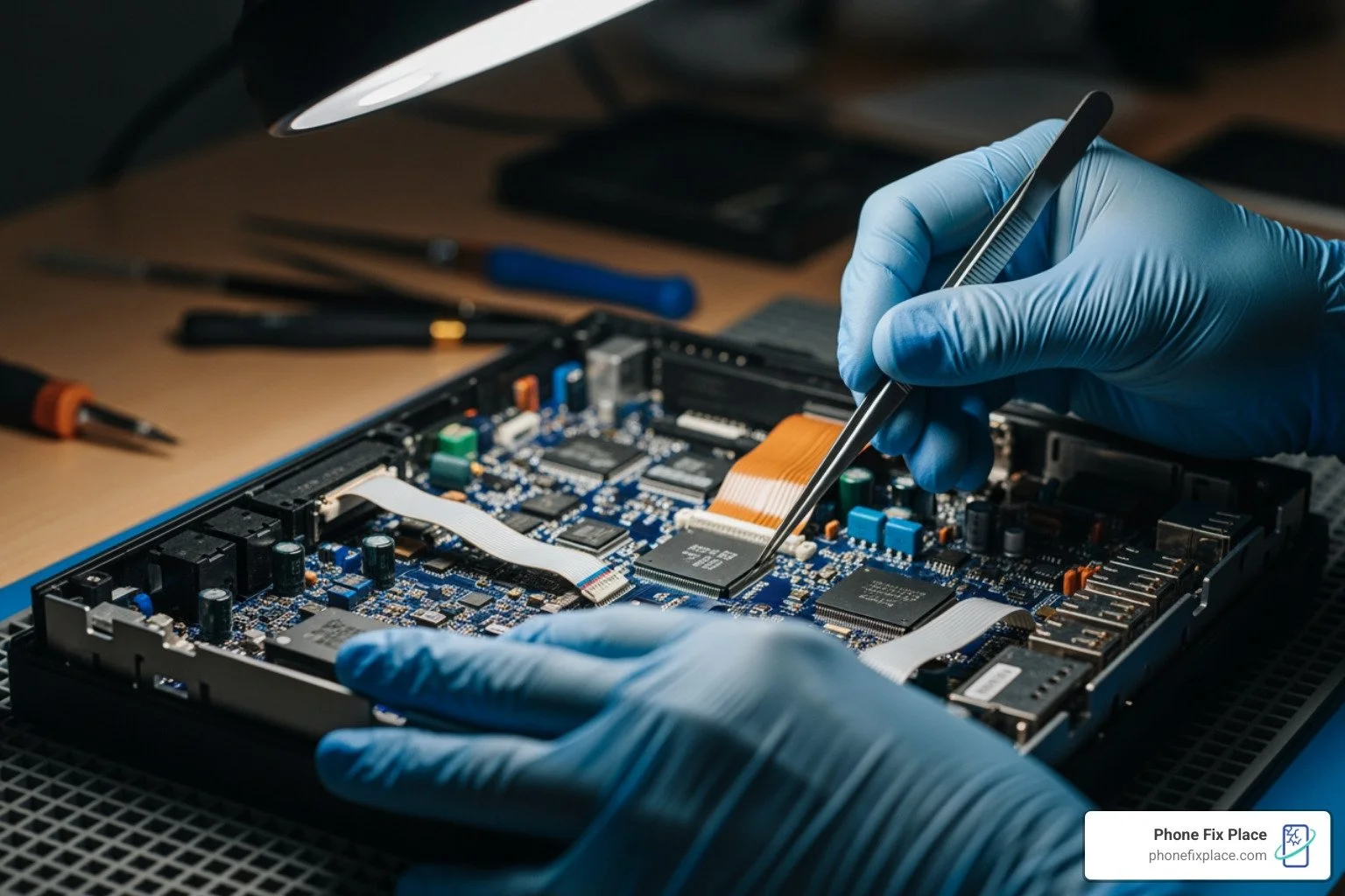 technician's hands carefully working on the inside of a game console - console repair near me