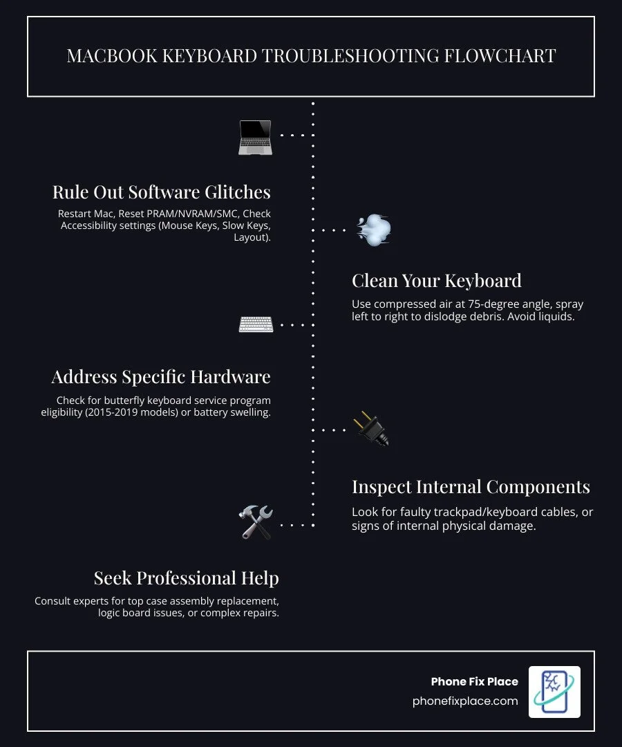MacBook keyboard troubleshooting flowchart for diagnosing keyboard issues.