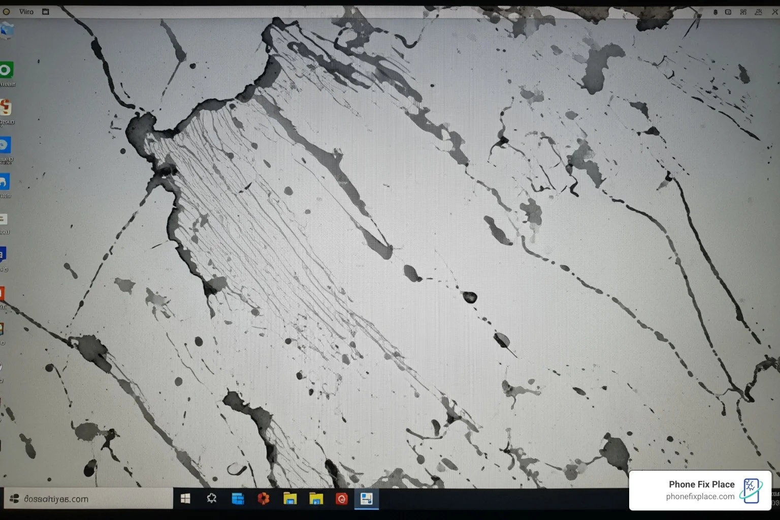 laptop screen showing distinct water blotches and lines - water damage on laptop screen