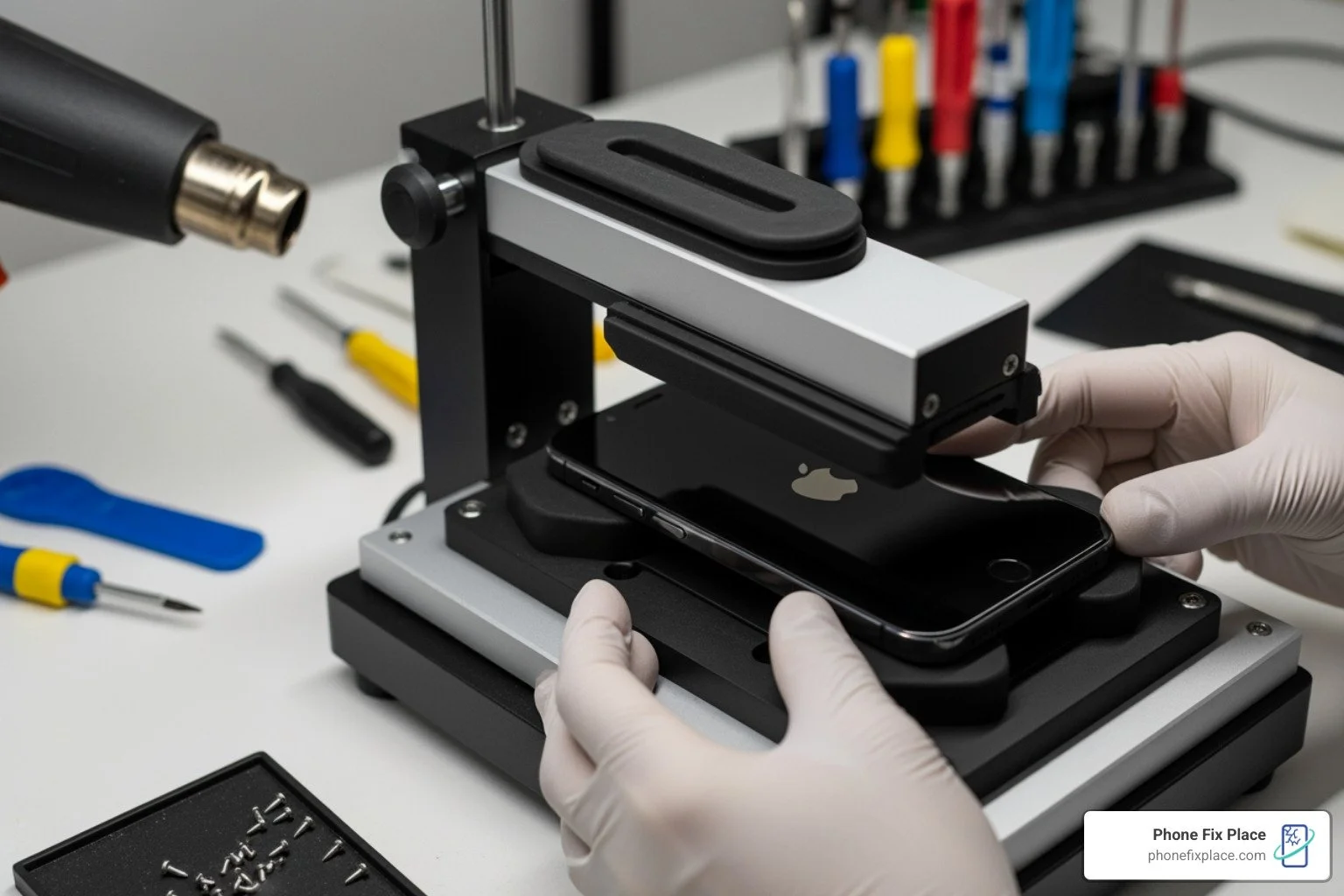 technician using a specialized screen press for a perfect seal - iphone repair tool