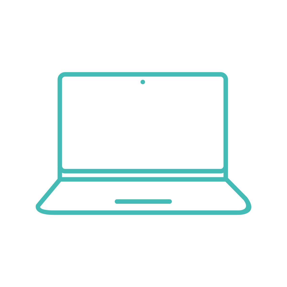 Outline illustration of a laptop computer with a black screen, turquoise outline, and a keyboard area, displayed against a black background.