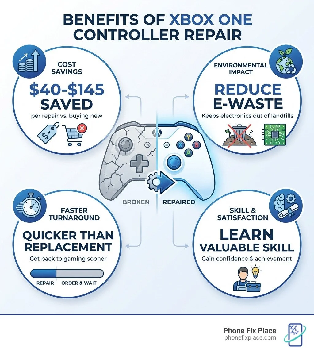 Infographic showing the benefits of repairing an Xbox One controller