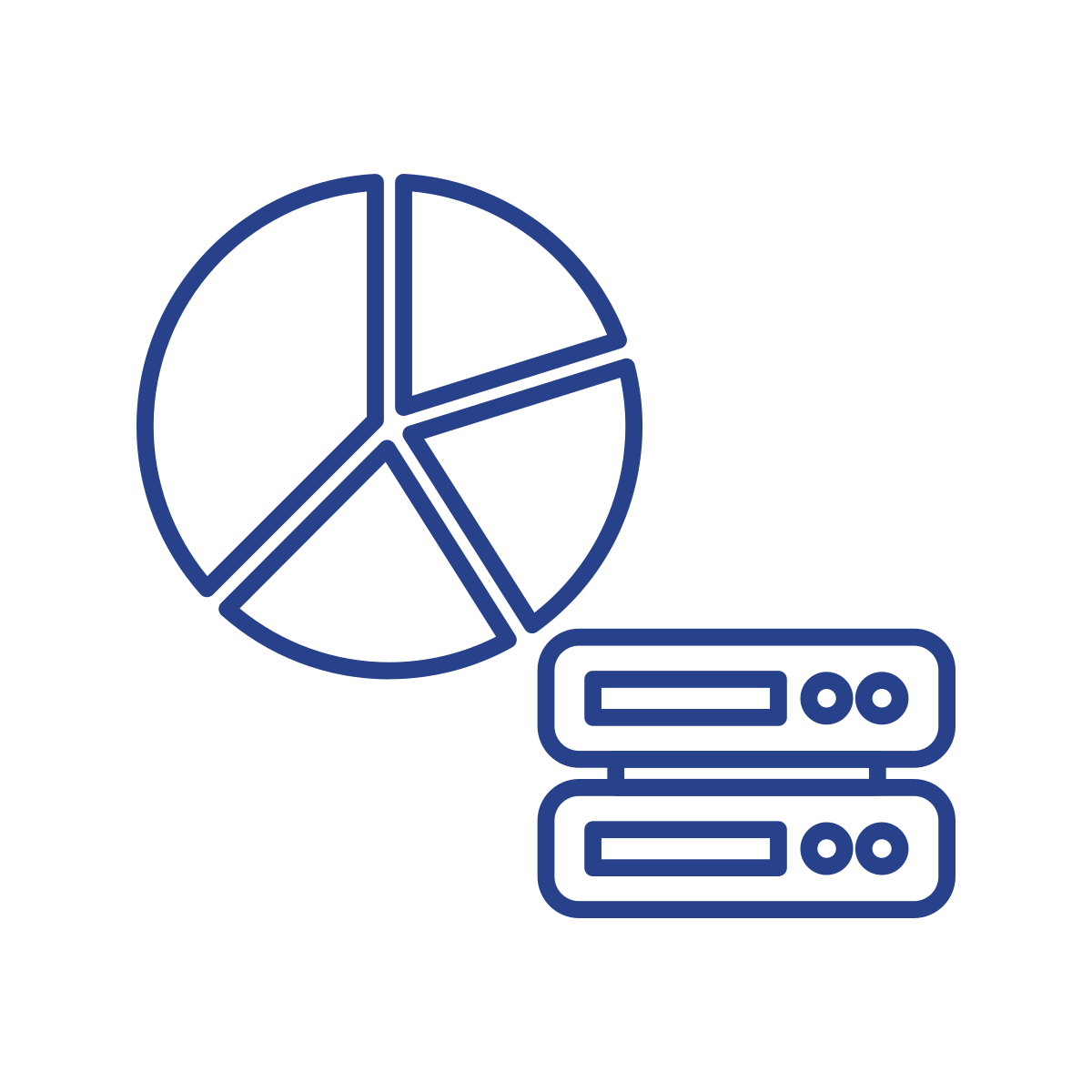 Outline of a pie chart with four segments and two stacked server racks.