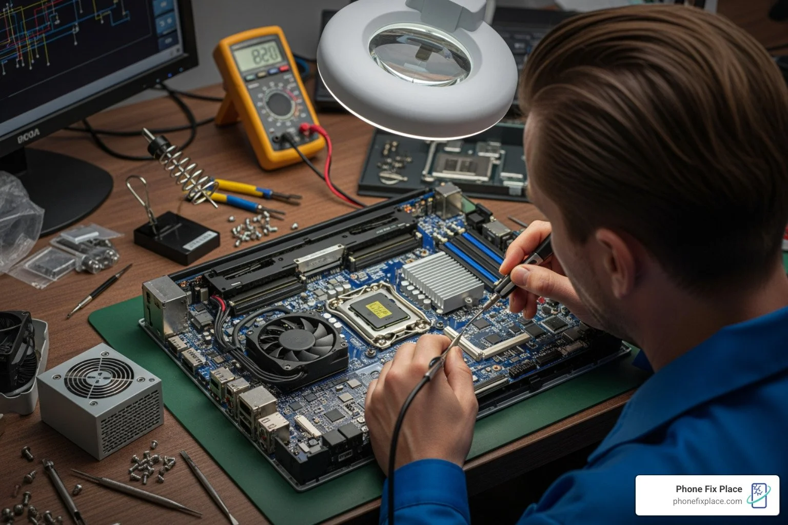 Professional technician performing laptop repair and diagnostics.