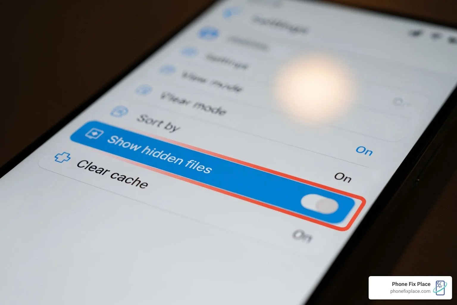 Android File Manager settings highlighting 'Show hidden files' - how to recover hidden files in android mobile
