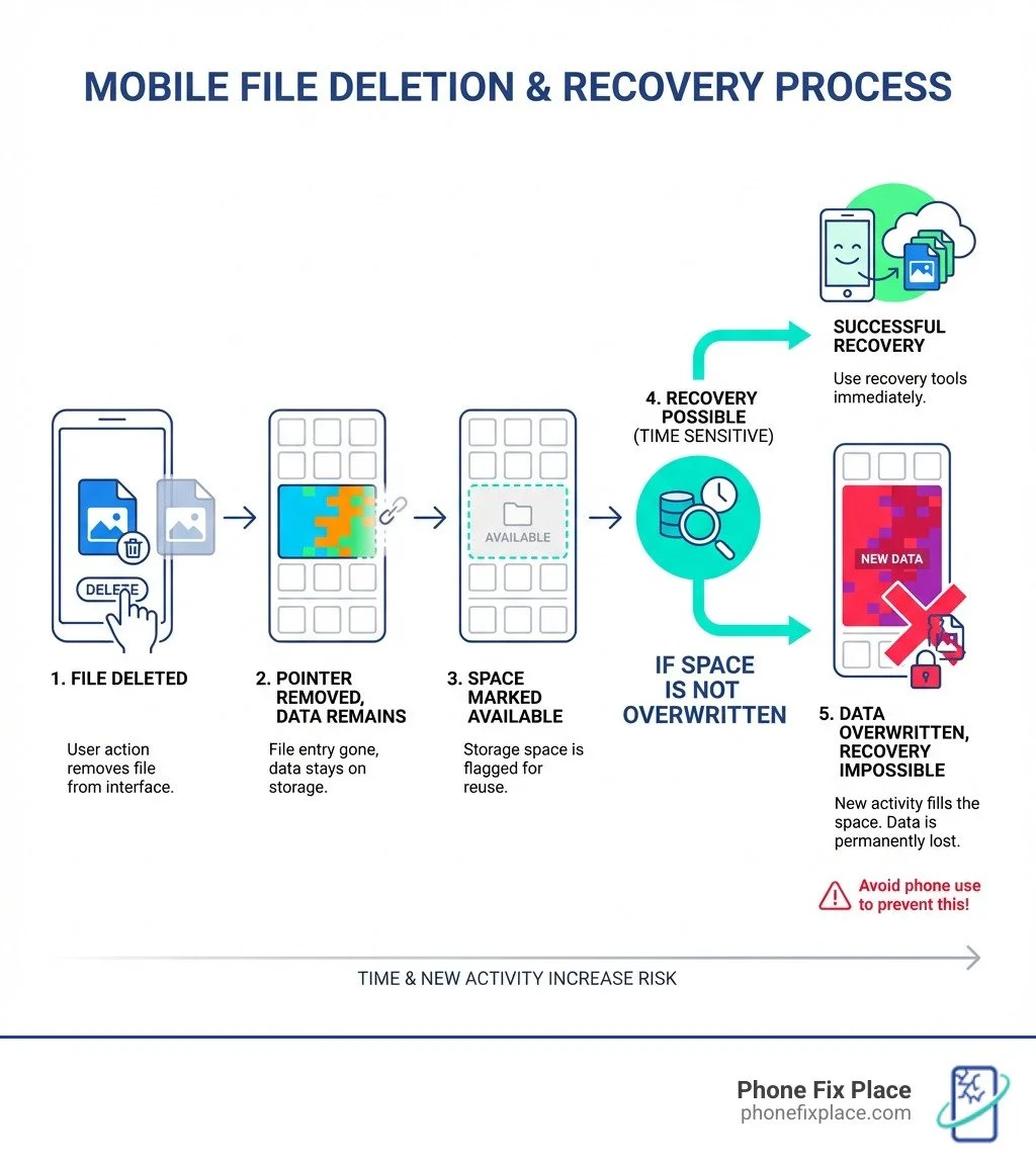 Infographic showing the mobile file deletion and recovery process