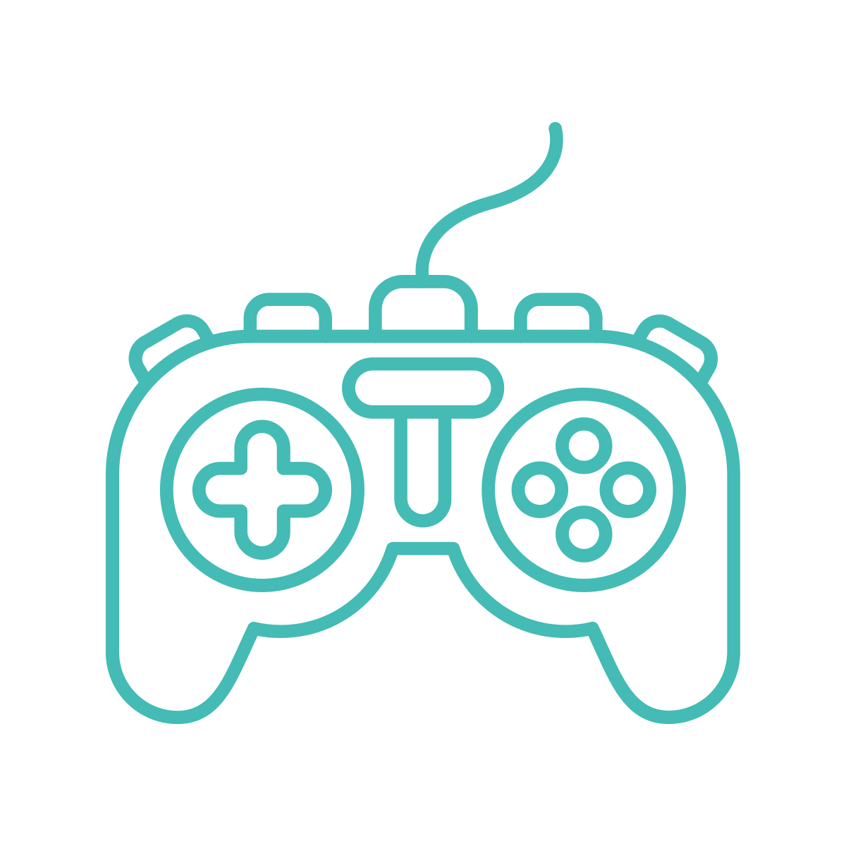 Outline of a video game controller with a wired cable on a black background.