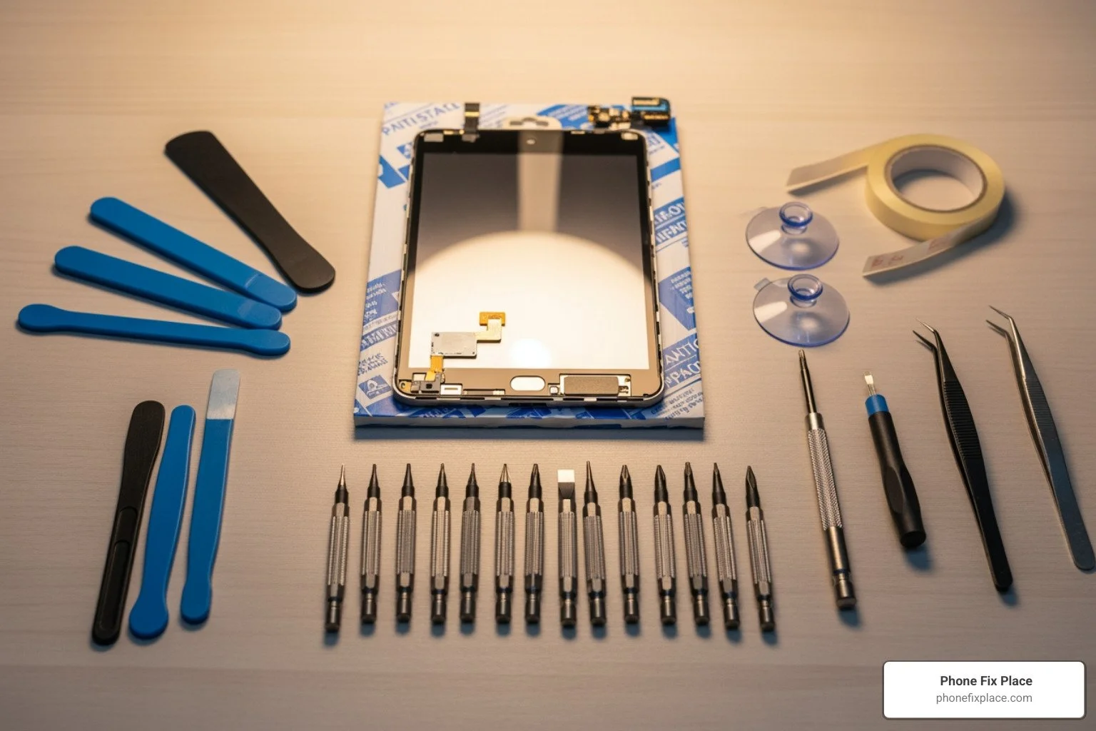 Tools for fixing screen damage laid out on a desk for device repair.