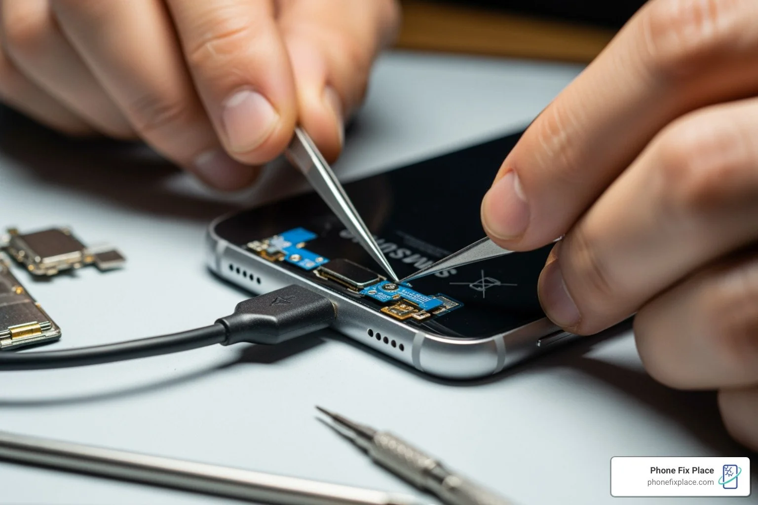 Close-up of a damaged Samsung USB-C port with bent internal pins - Samsung charging port fix
