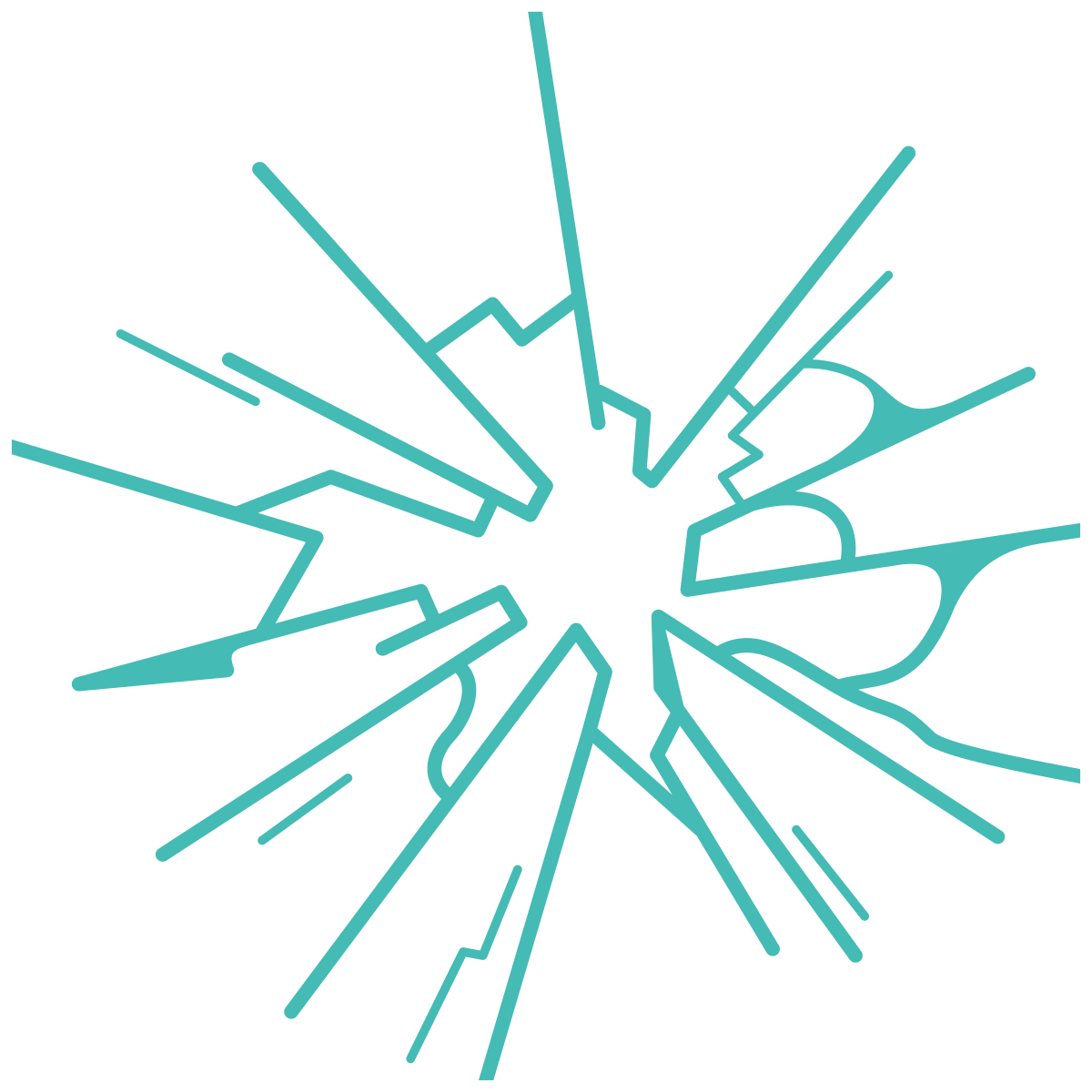 A stylized, abstract image of a spider web with jagged, geometric lines radiating outward from a central point.