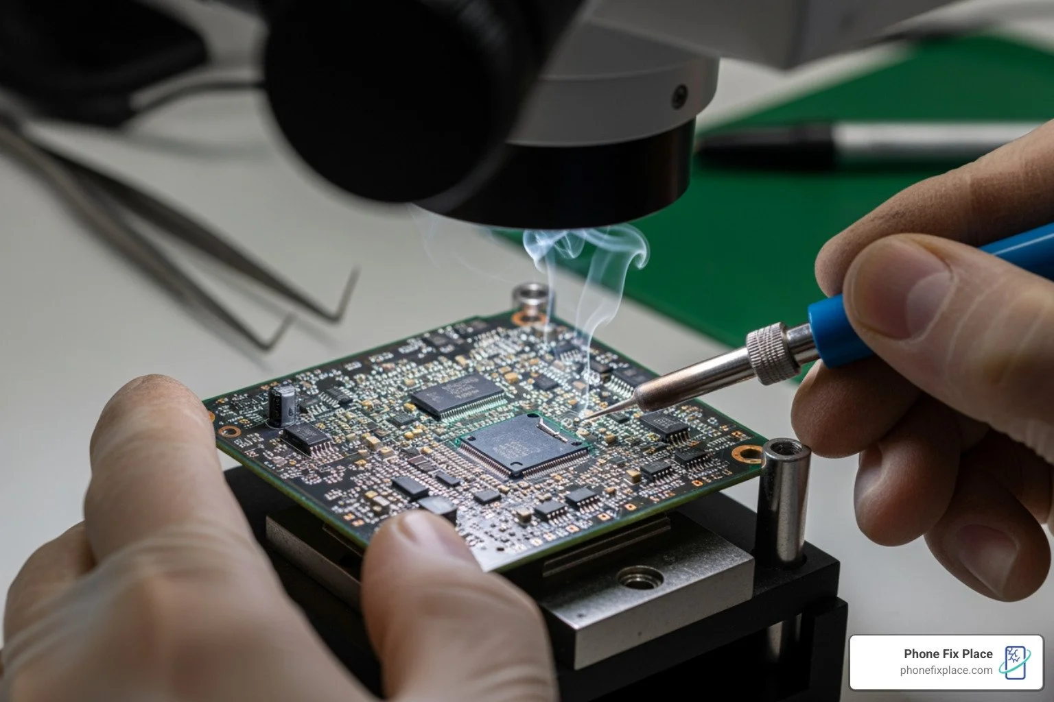 A technician performing a micro-soldering repair on a motherboard, highlighting intricate work on tiny electronic components - computer and console repairs