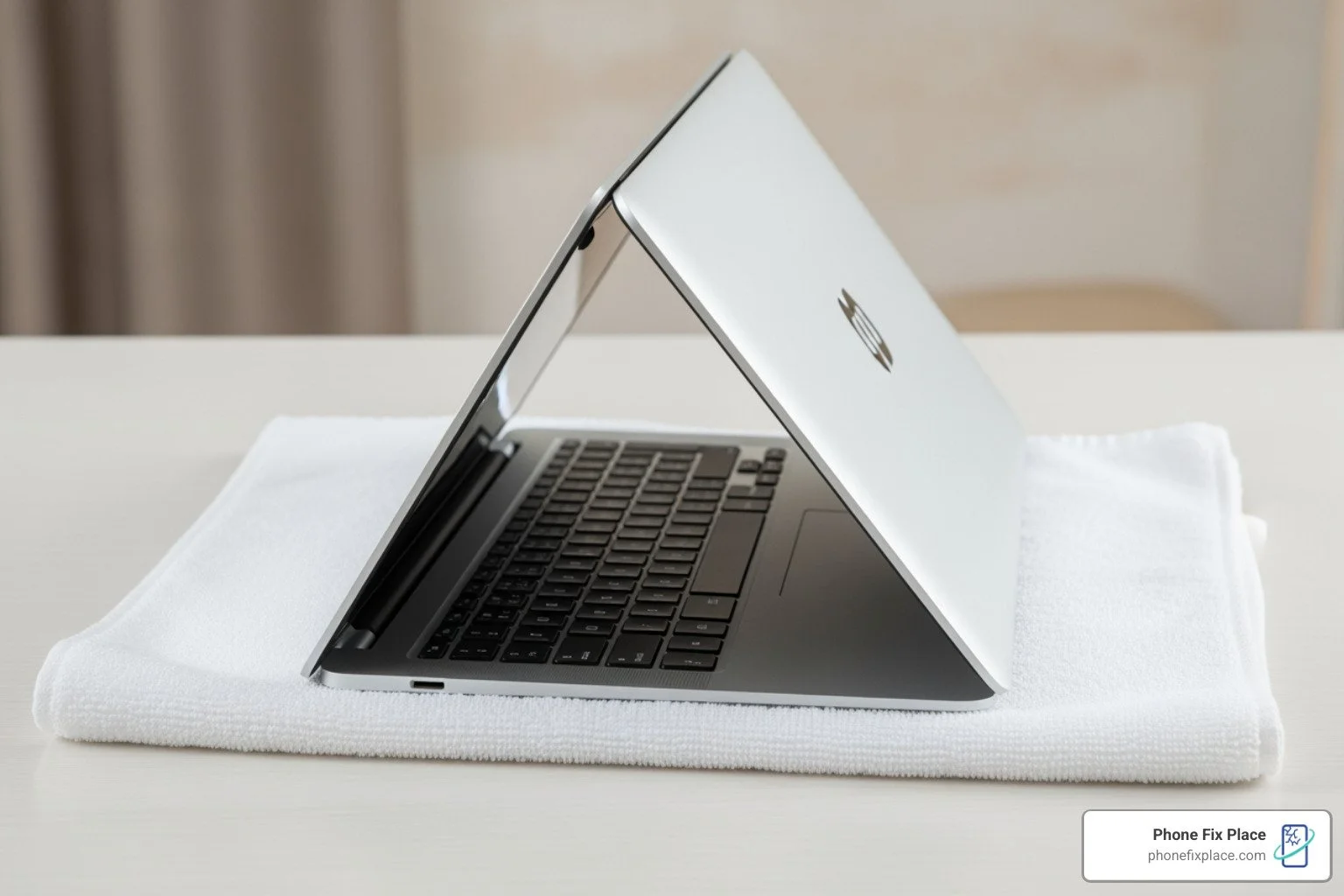 laptop turned off and placed upside down in a tent position on a towel - water damage on laptop screen