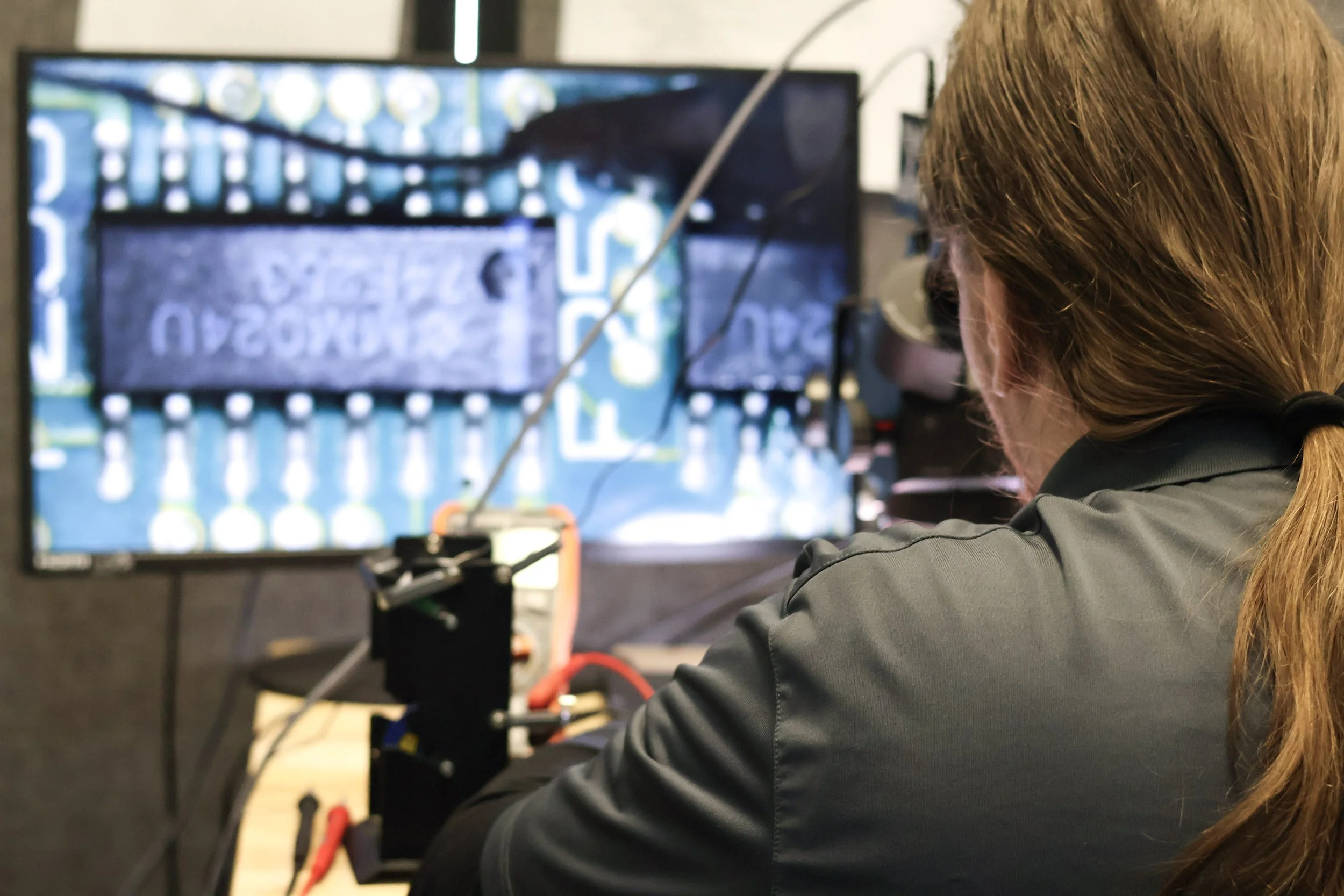 Person with long red hair working on a computer with a large screen displaying a blurred image of a sign or text, surrounded by electronic equipment and wires.