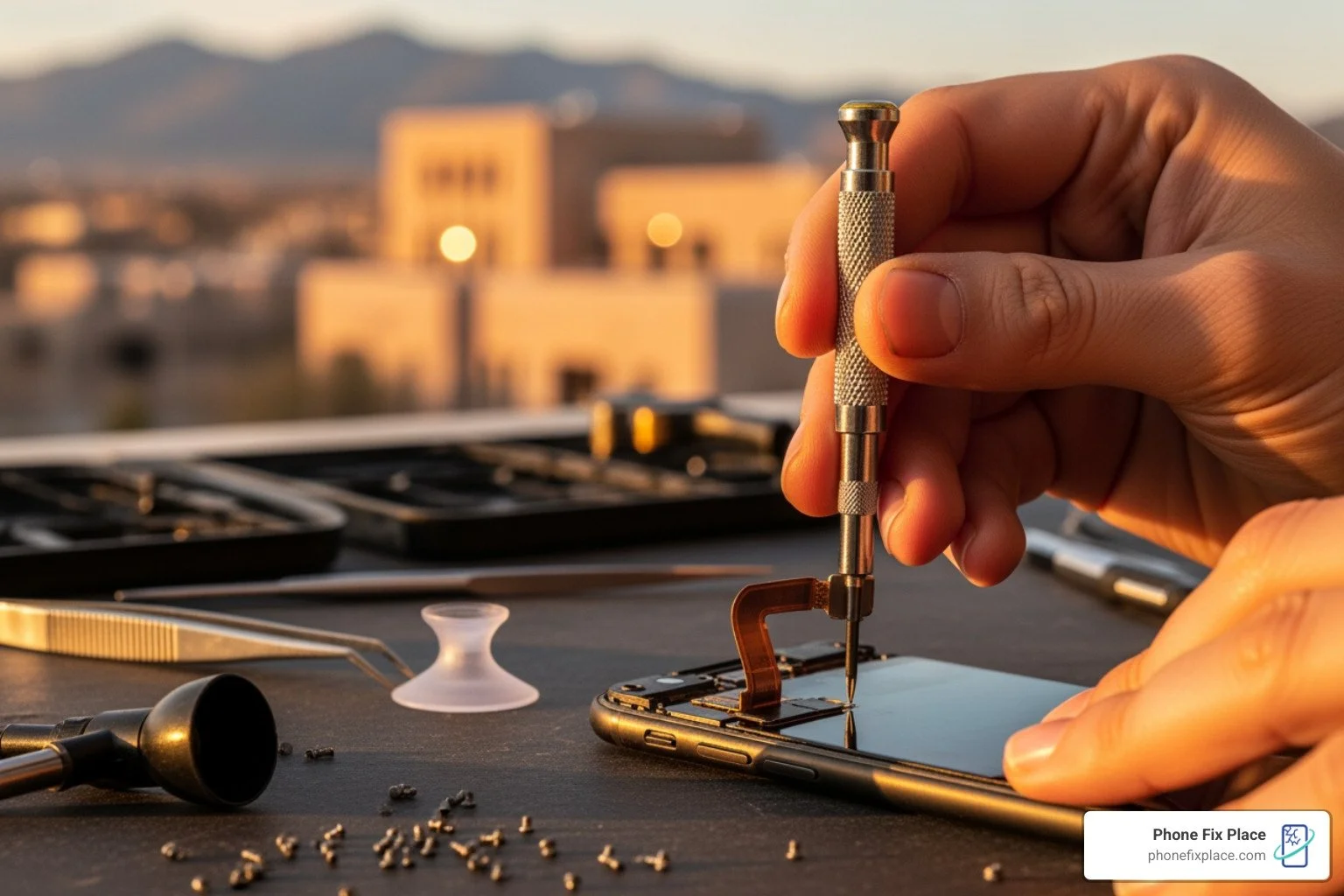 Detailed view of phone screen repair in Albuquerque with precision tools..
