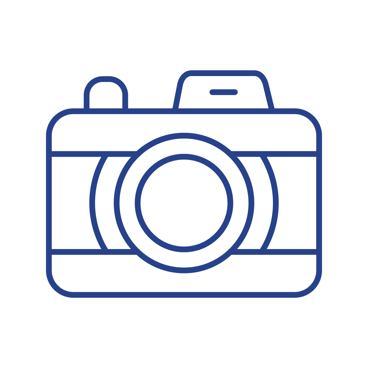 Line drawing of a camera with a large circular lens in the center and various buttons and features on top.