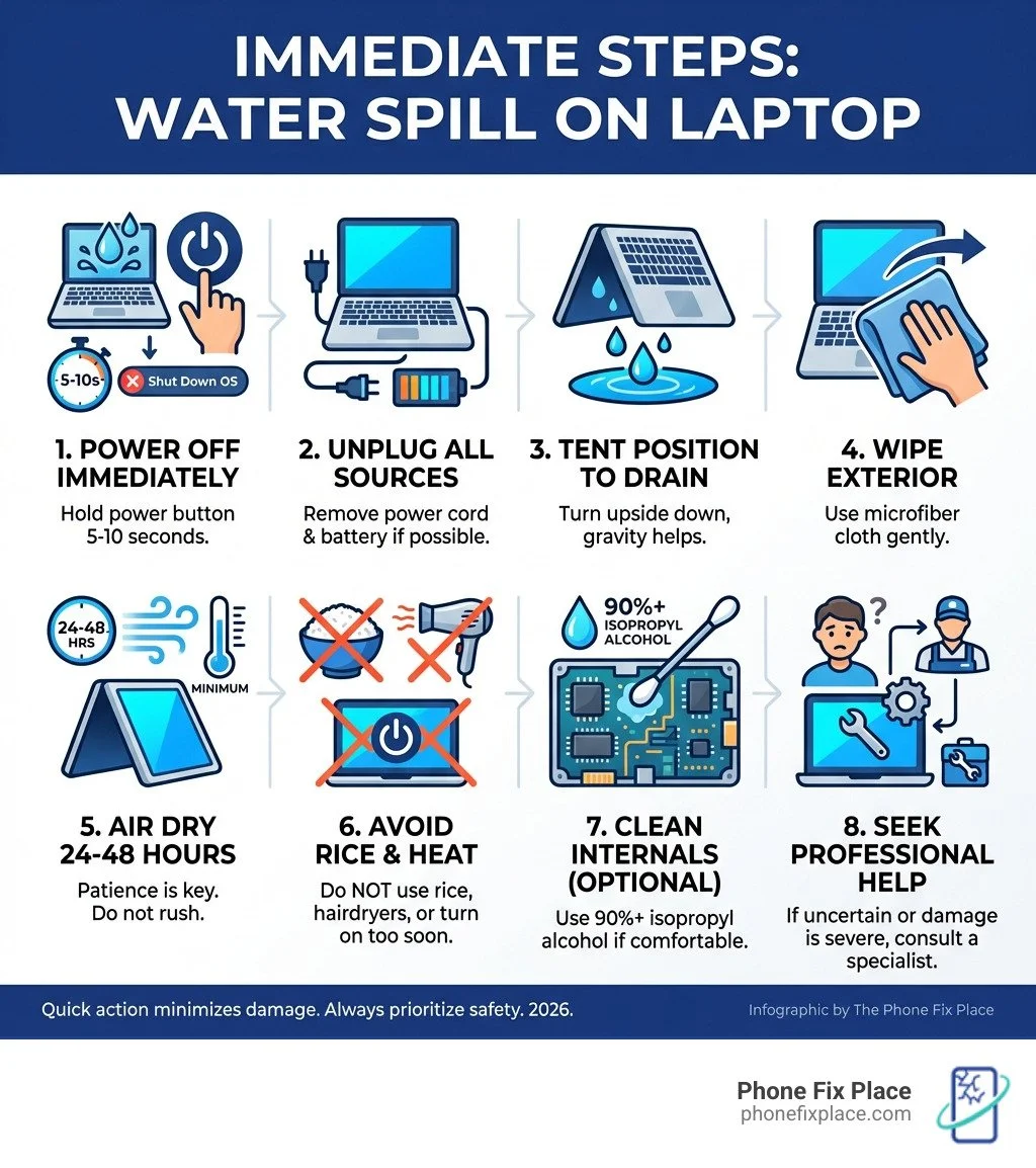 Infographic showing immediate steps after water spills on laptop