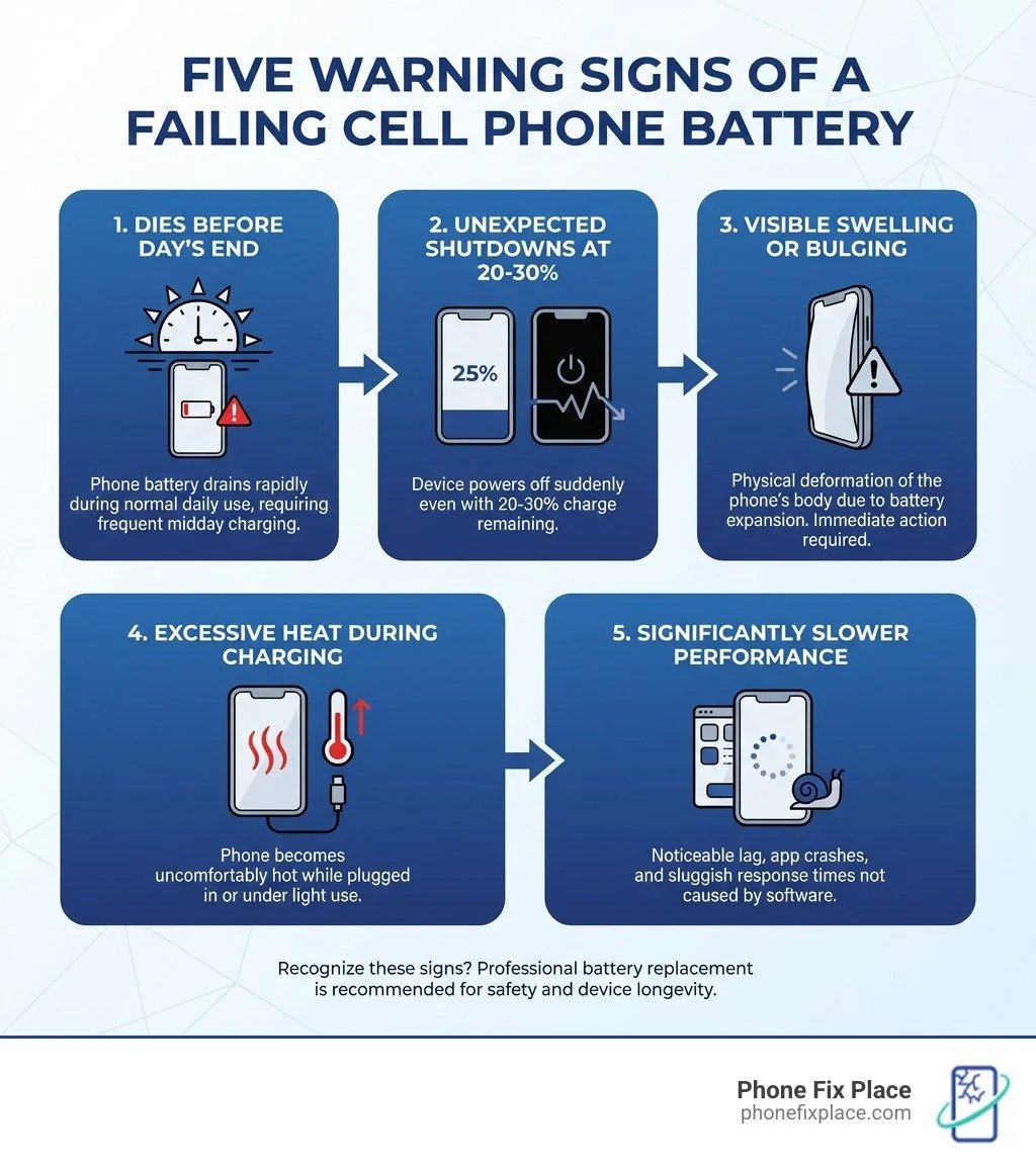 Infographic showing five warning signs that your phone needs cell phone battery replacement.