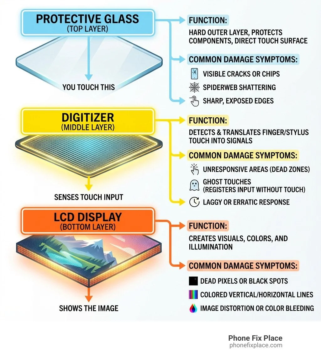 Infographic showing touchscreen layers and common screen damage issues.