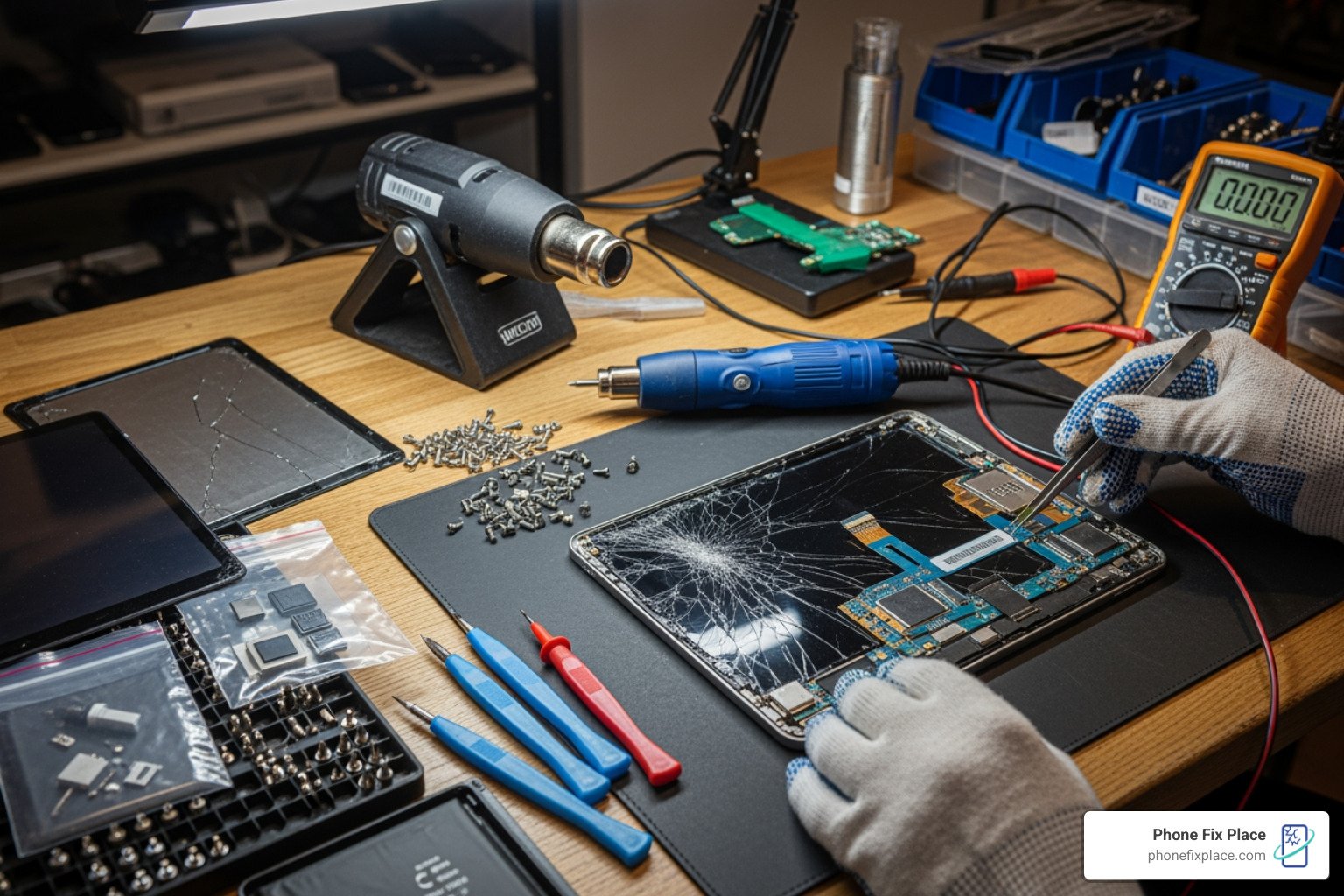 Tablet repair technician fixing a tablet at a workstation with repair tools.