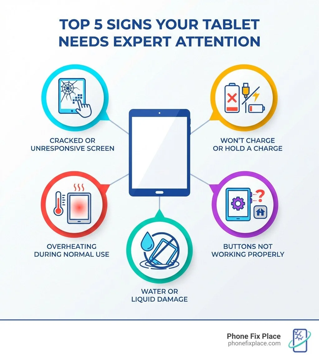 Infographic showing the top 5 signs your tablet needs expert attention