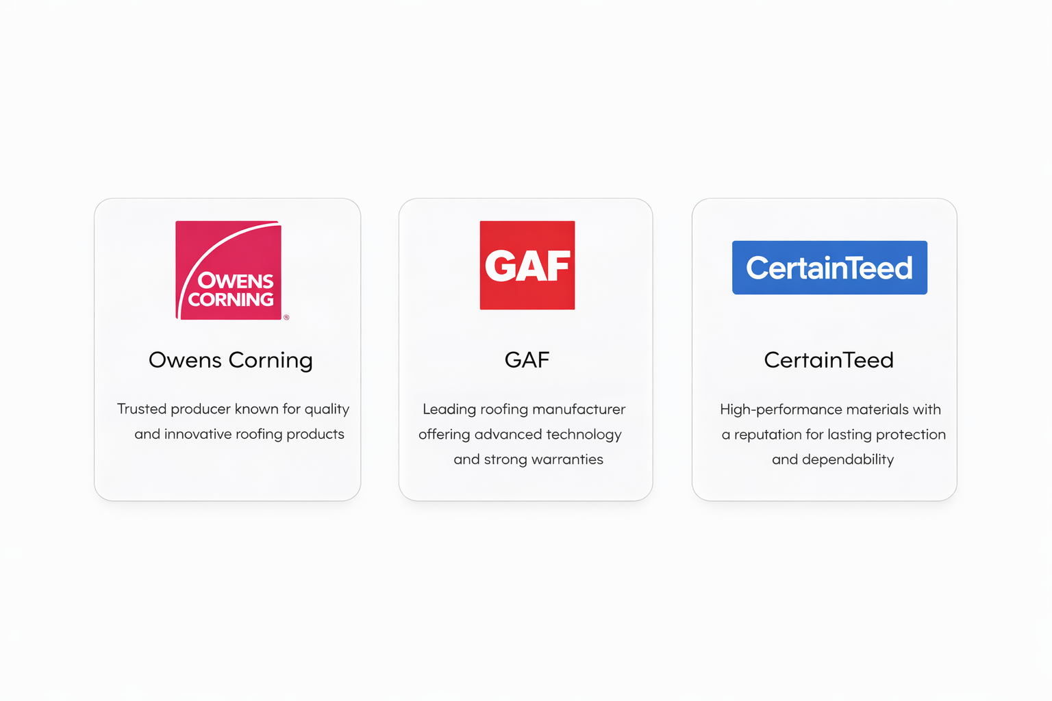 Three product cards for Owens Corning, GAF, and CertainTeed roofing materials with logos and descriptions.