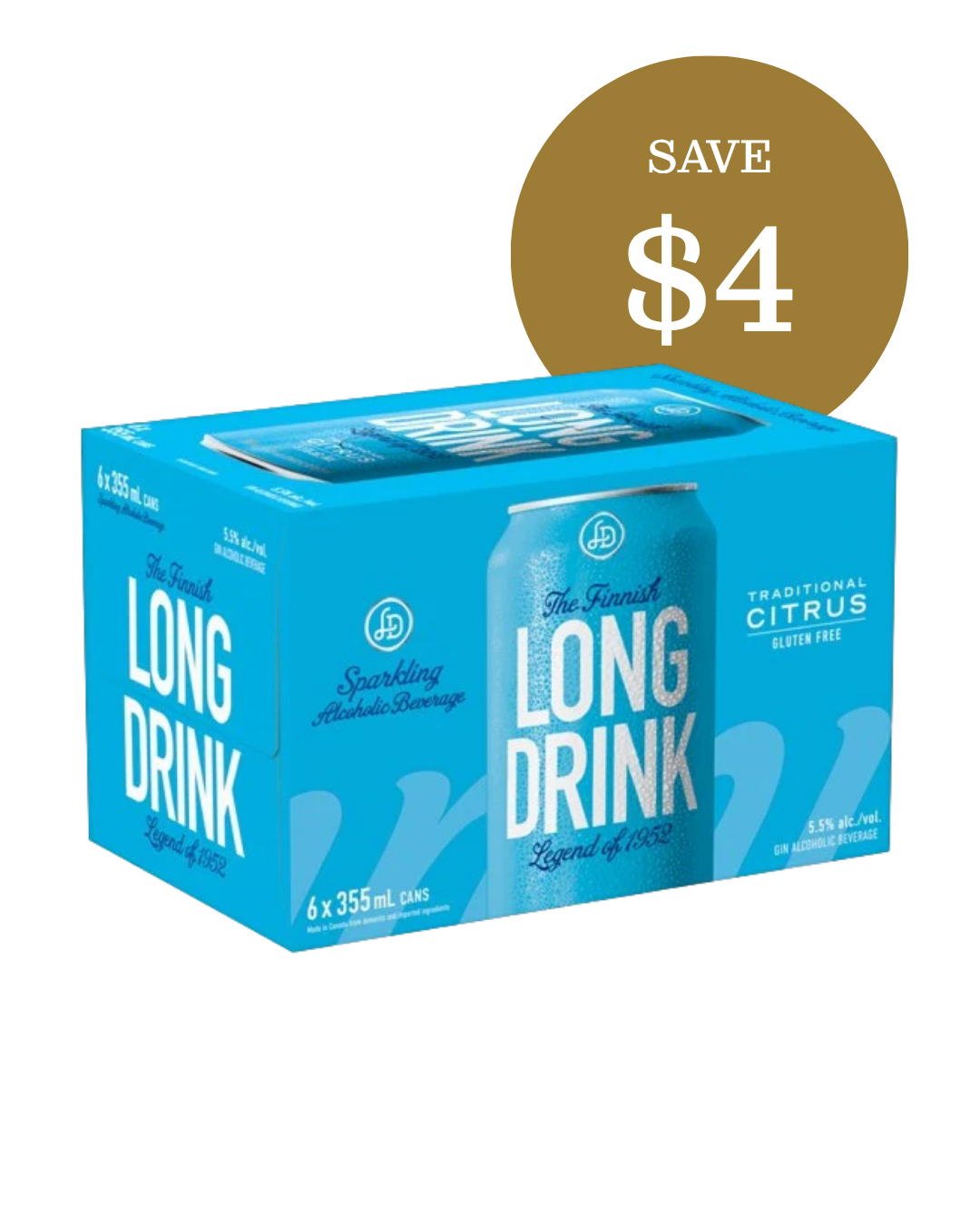 The Finnish Long Drink Traditional Citrus, 6-pack cans, save $4 — gluten-free sparkling gin cocktail, available at JAK's"