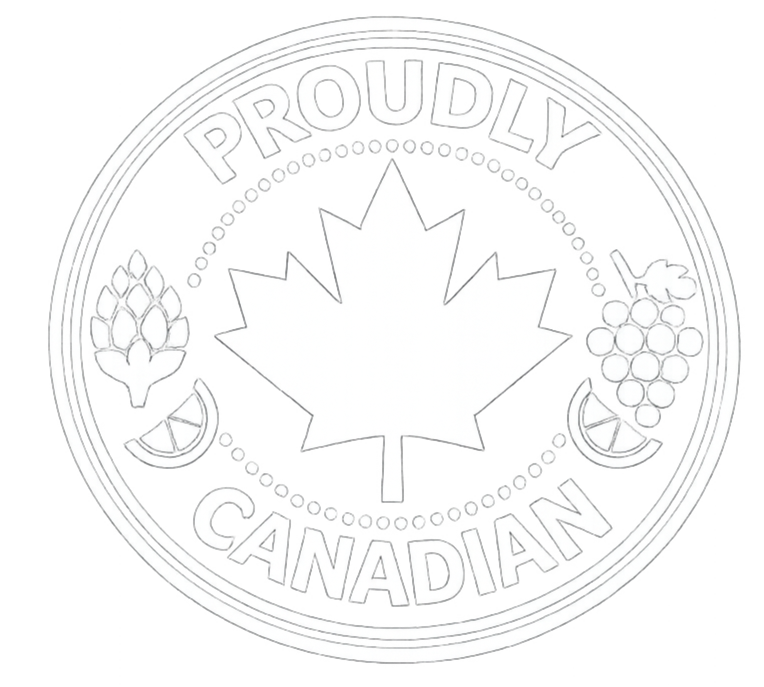 A circular badge with a large maple leaf in the center, surrounded by the words 'PROUDLY CANADIAN' and images of an artichoke, lemon wedge, grapes, and another lemon wedge.