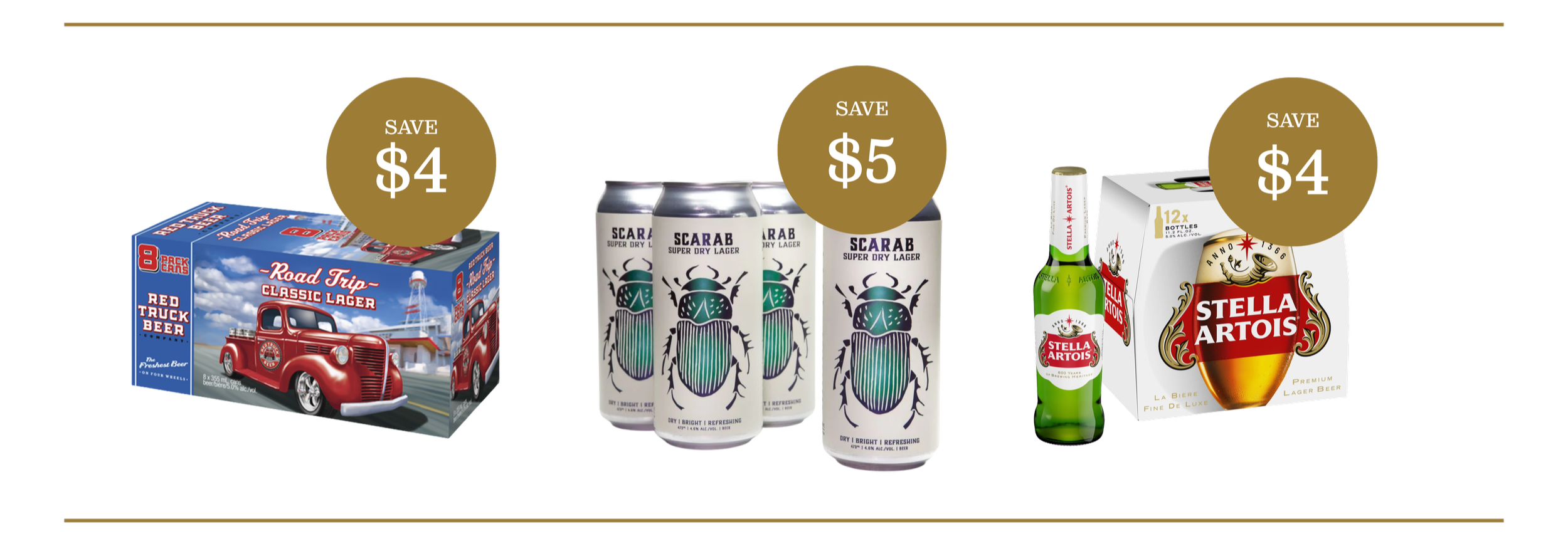 JAK's Beer Wine Spirits May 2026 featured beer deals on Red Truck Road Trip Lager 8 pack, Strange Fellows Scarab Super Dry Lager, and Stella Artois 12 pack bottles