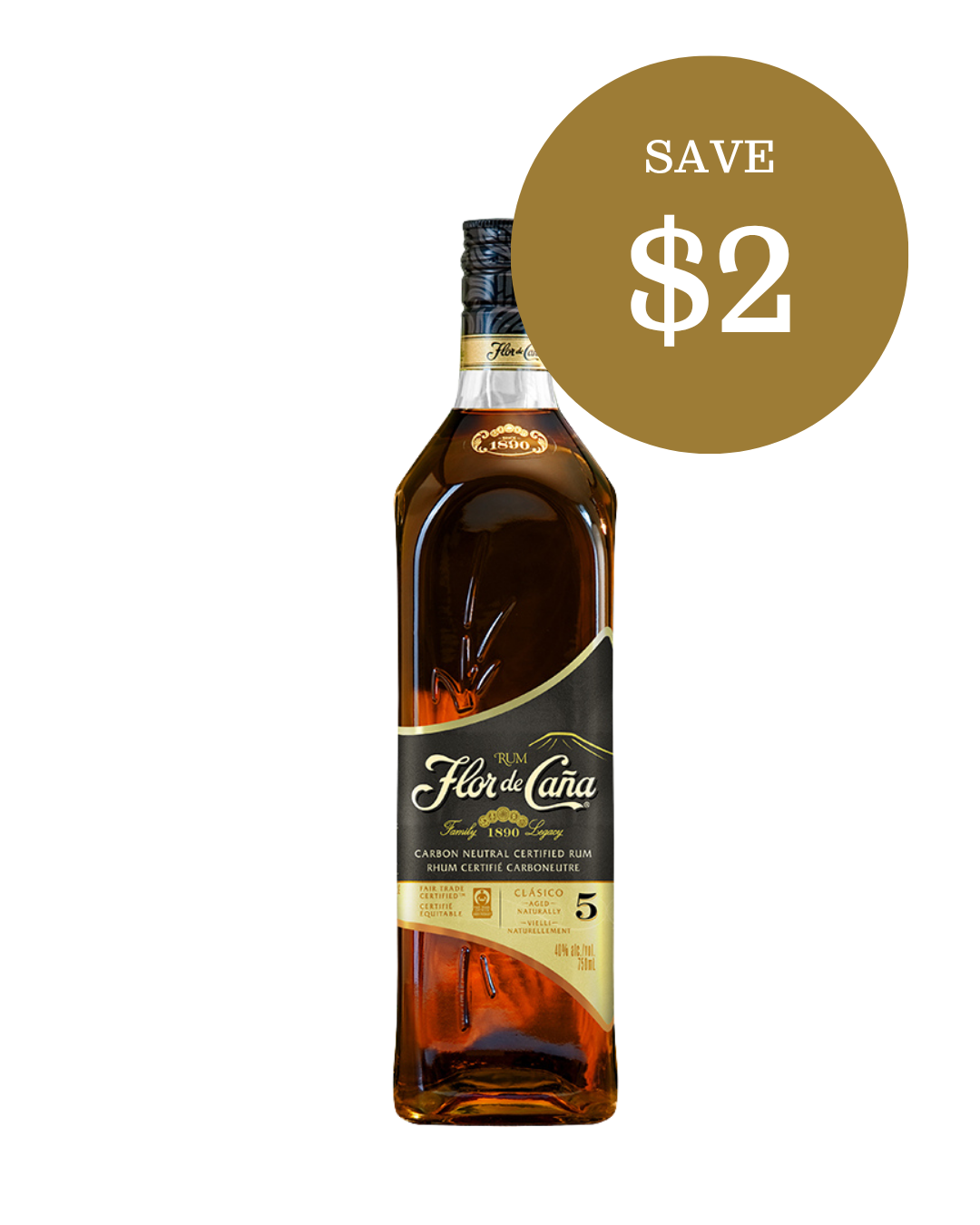 Flor de Cana 5 rum bottle, save $2